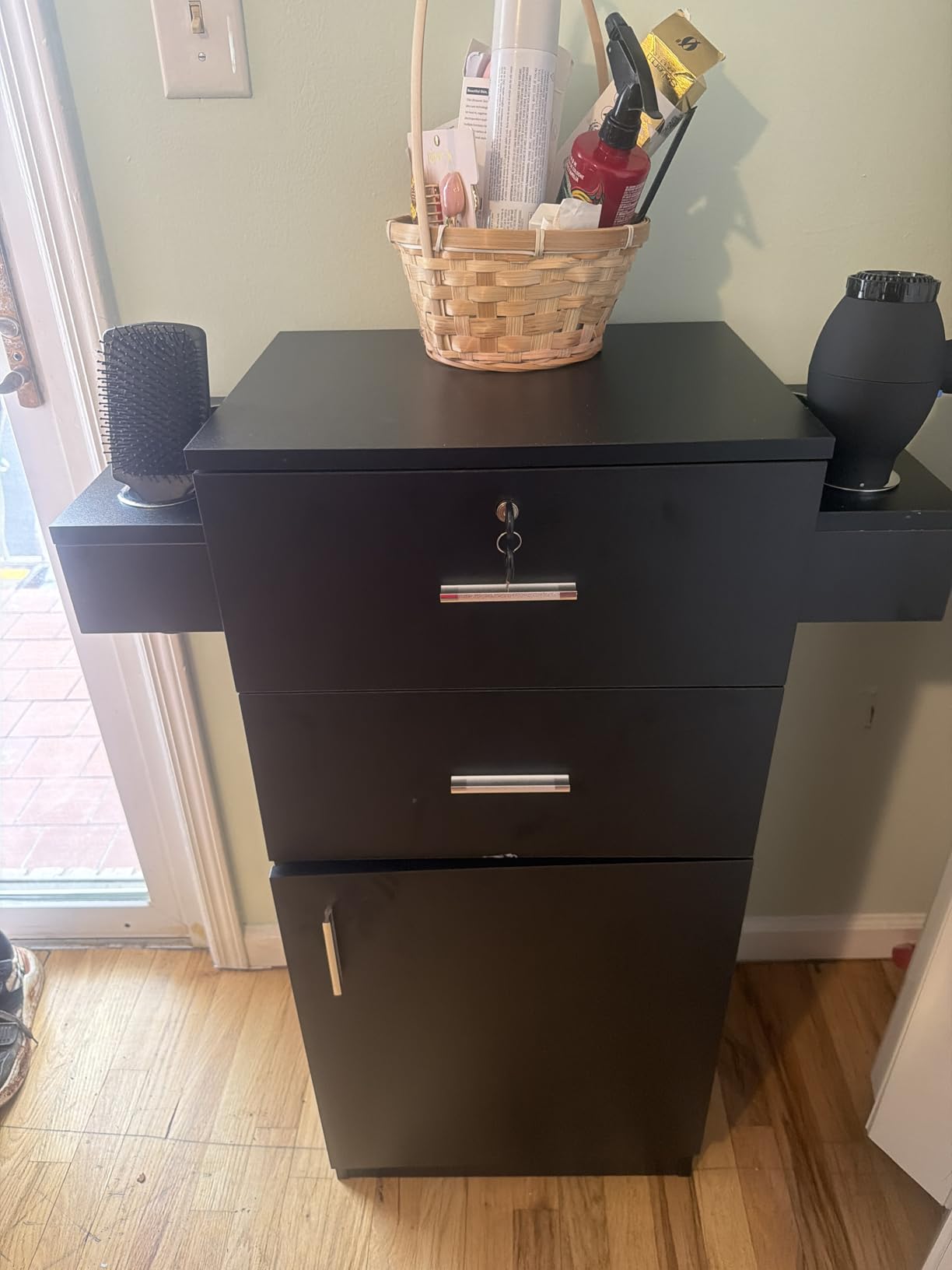 OmySalon Salon Stations for Hair Stylist, Beauty Salon Storage Cabinet, Hair Styling Equipment Set with a Large Storage Cabinet, 2 Drawers and 6 Hair Dryer Holders, Black customer photo 2