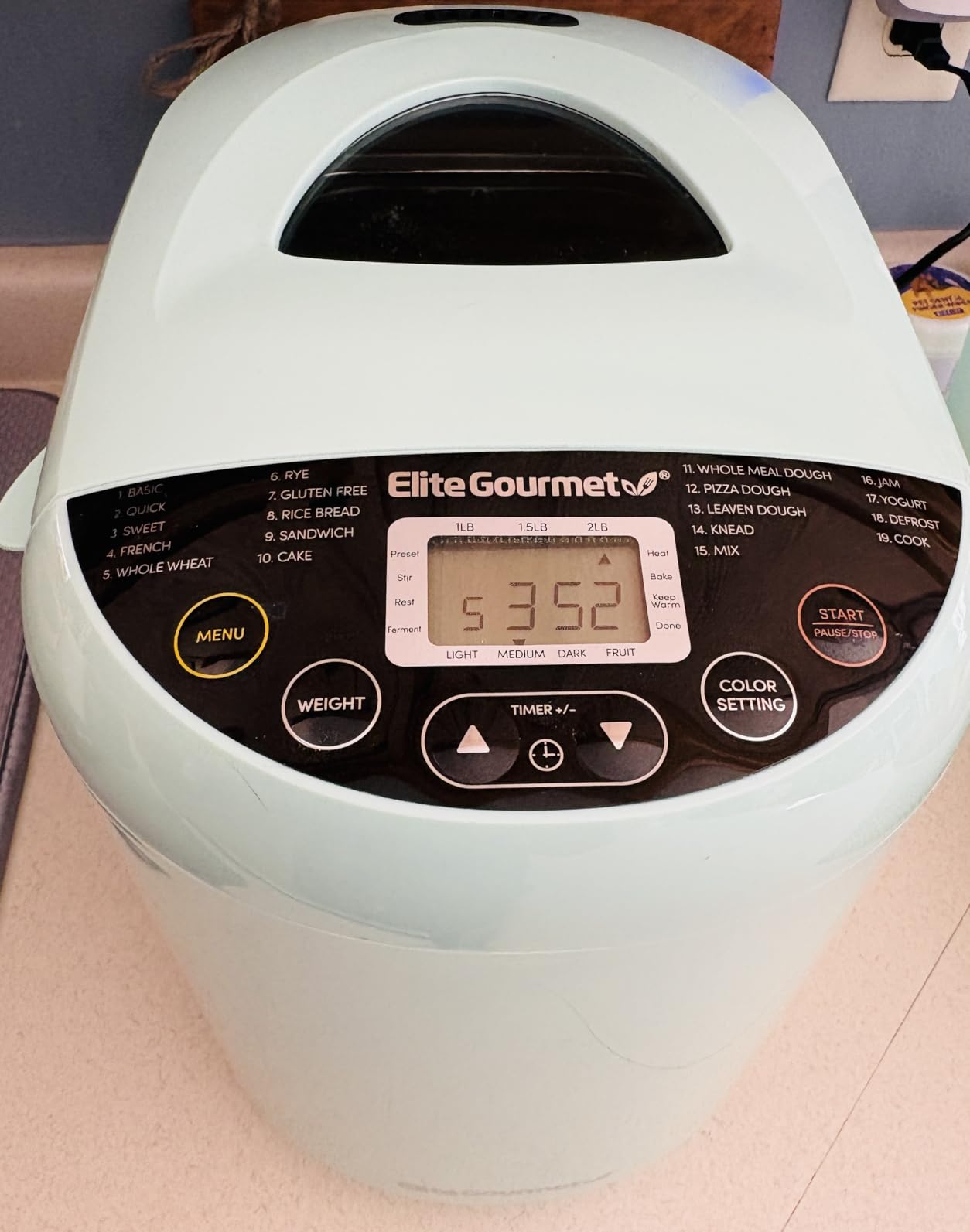 Elite Gourmet Programmable Bread Maker, 2 lb Loaf, 3 Sizes, 19 Presets incl. Gluten-Free, Dough & Jam, Delay Timer, Mint customer photo 2