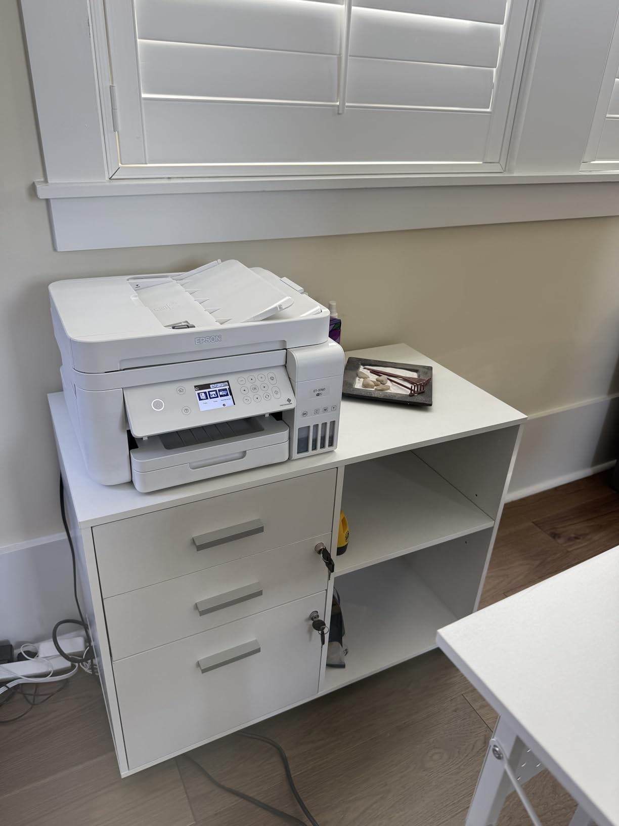 DEVAISE 3-Drawer Wood File Cabinet with Lock, Mobile Lateral Filing Cabinet, Printer Stand with Open Storage Shelves for Home Office, White customer photo 1