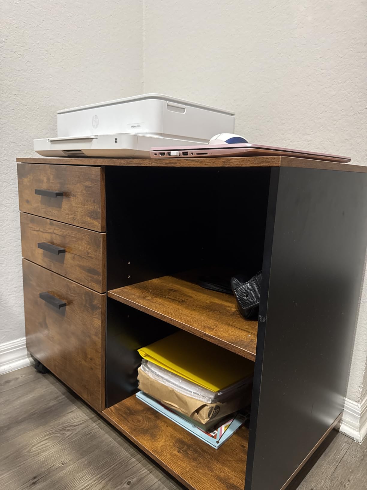 DEVAISE 3 Drawer Mobile File Cabinet, Wood Lateral Filing Cabinet, Printer Stand with Open Shelves for Home Office, Gray Oak customer photo 2