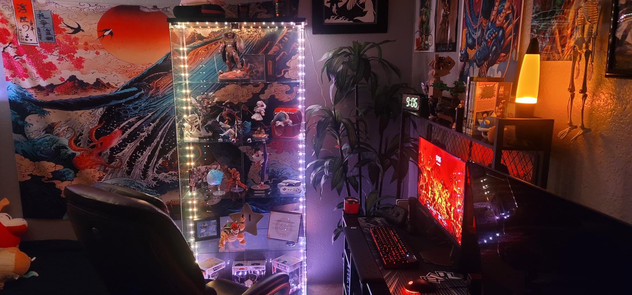 LFT HUIMEI2Y Glass Display Cabinet 4-Shelf with Door and Lock, Curio Cabinets Upgraded Quick-Install Style Tempered Glass Floor Standing Bookshelf for Bedroom, Living Room 65