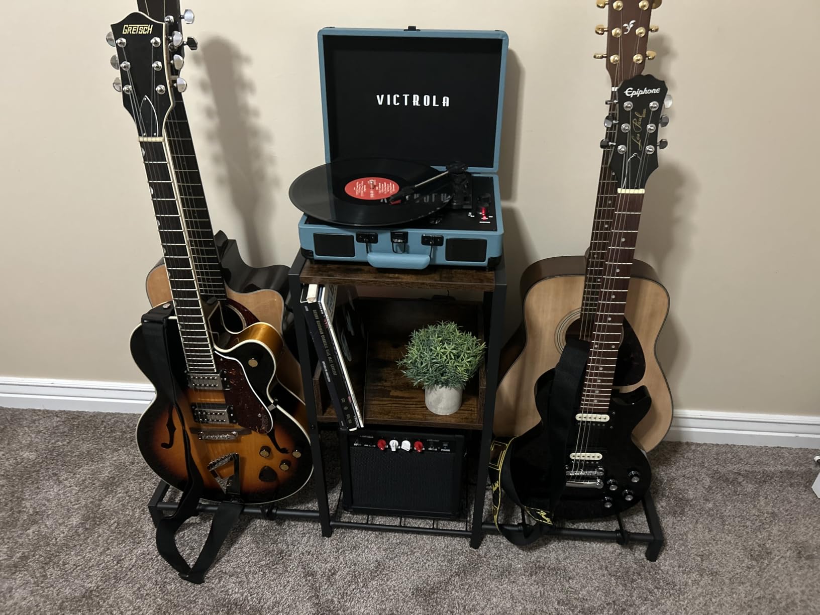 Bikoney Guitar Stand for 4 Guitars - Acoustic, Electric, Bass & Ukulele Floor Rack with 2 Wood Shelves for Amp Holder, Vinyl Records & Media Storage customer photo 2