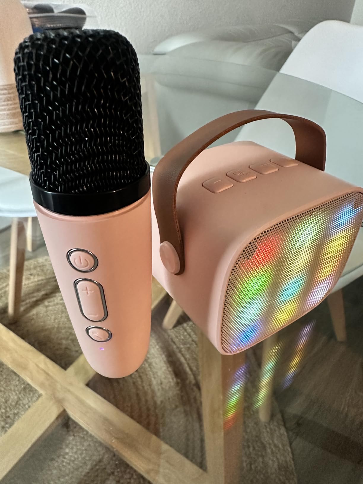 YLL Mini Karaoke Machine for Kids Adults, Portable Bluetooth Speaker with 2 Wireless Microphones, Trendy Birthday Gifts Toys for Girls Ages 3-10+ Years Old Home Family Party (Pink) customer photo 1