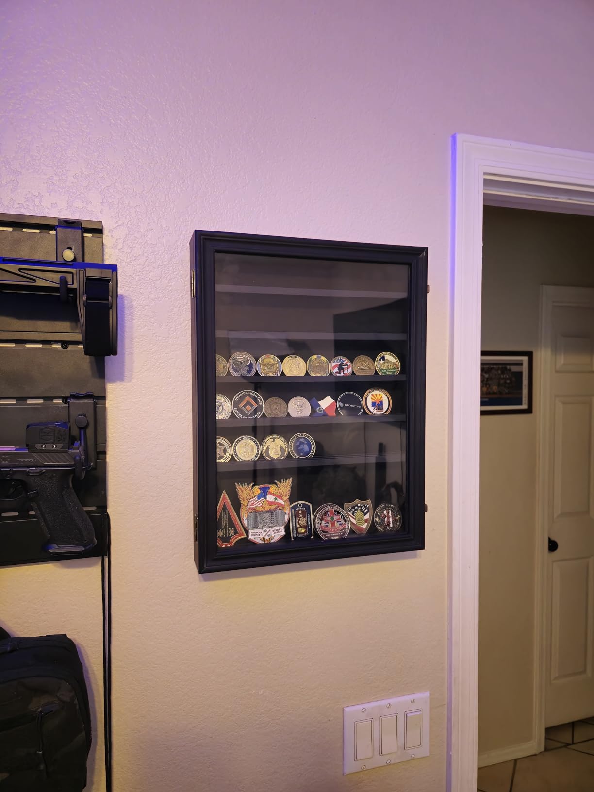 7 Rows Wooden Military Challenge Coin Holder Display Case with HD Tempered Glass Holds 100 Coins, Medal Display Cabinet Shadow Box with Removable Shelves, Tabletop or Wall Mountable Black customer photo 2