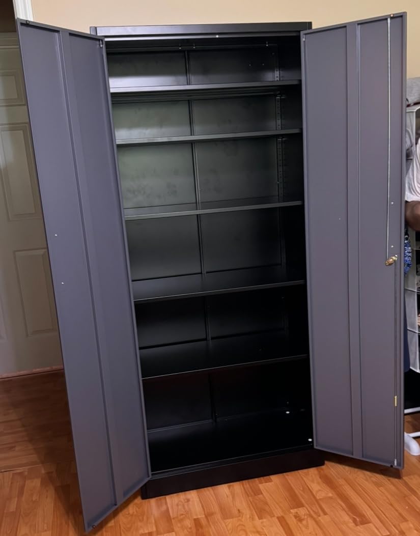 SISESOL Metal Storage Cabinet with 2 Doors and 6 Shelves, Black Metal Cabinet with Lock, 71