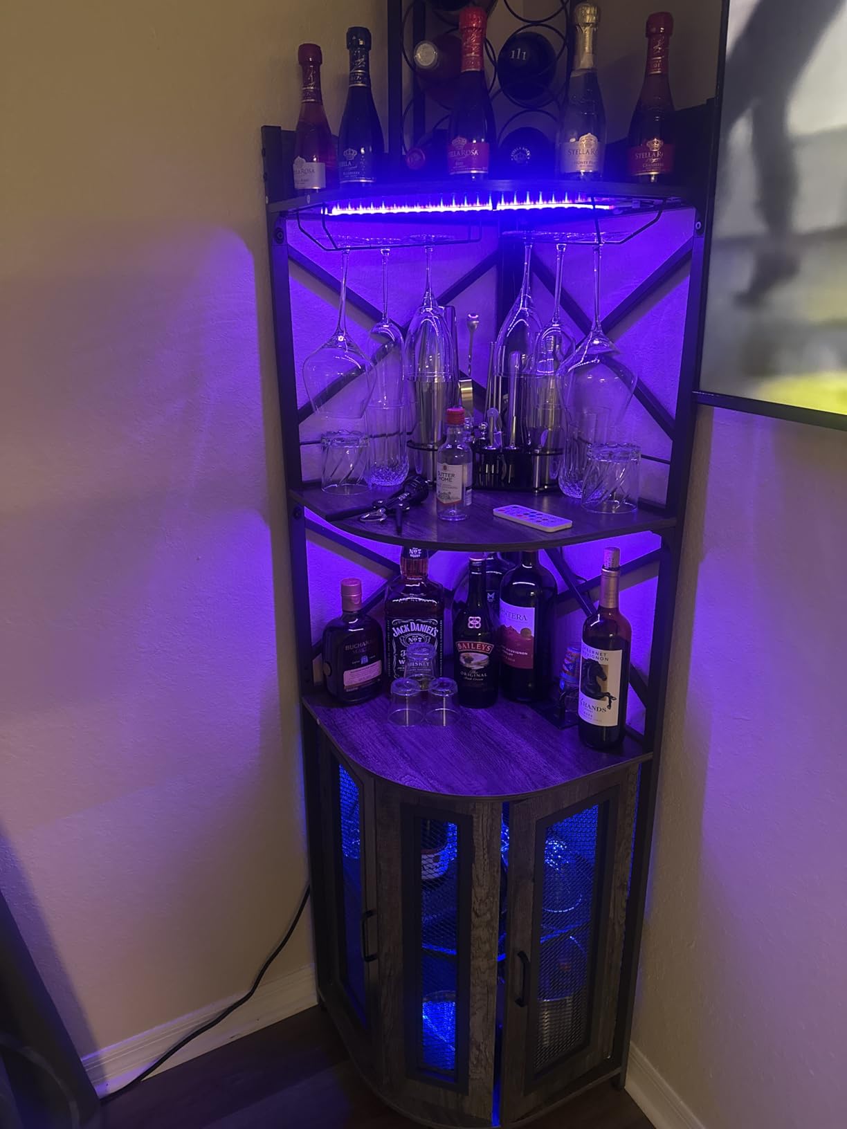 Aheaplus Corner Bar Cabinet with Power Outlet, Industrial Wine Cabinet with LED Strip and Glass Holder, 5-Tiers Liquor Cabinet Bar Unit for Home, Corner Display Cabinet for Small Space, Rustic Brown customer photo 1