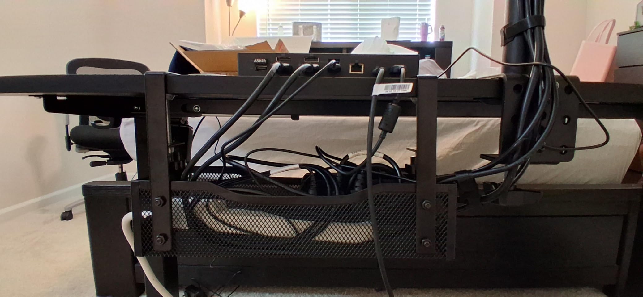 Under Desk Cable Management Tray No Drill, Metal Mesh Cable Management Under Desk with Clamp Mount, 2 Hole Cable Tray with Wire Management and Cord Organizer for Home Office Standing Desk customer photo 2