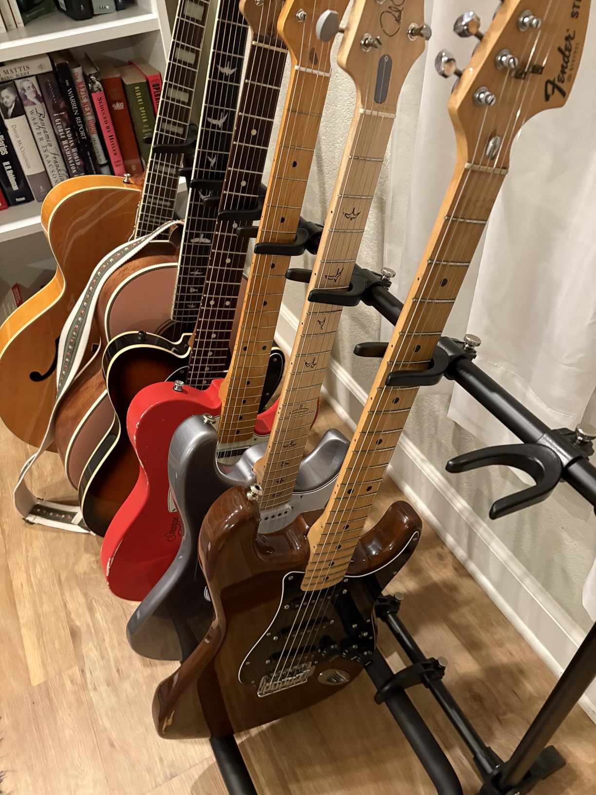 GUITTO Multi Guitar Rack Stand Foldable Universal Display Rack Portable Guitar Holder for Band Stage Bass Acoustic Guitar - 3 Holder (GGS-12) customer photo 2