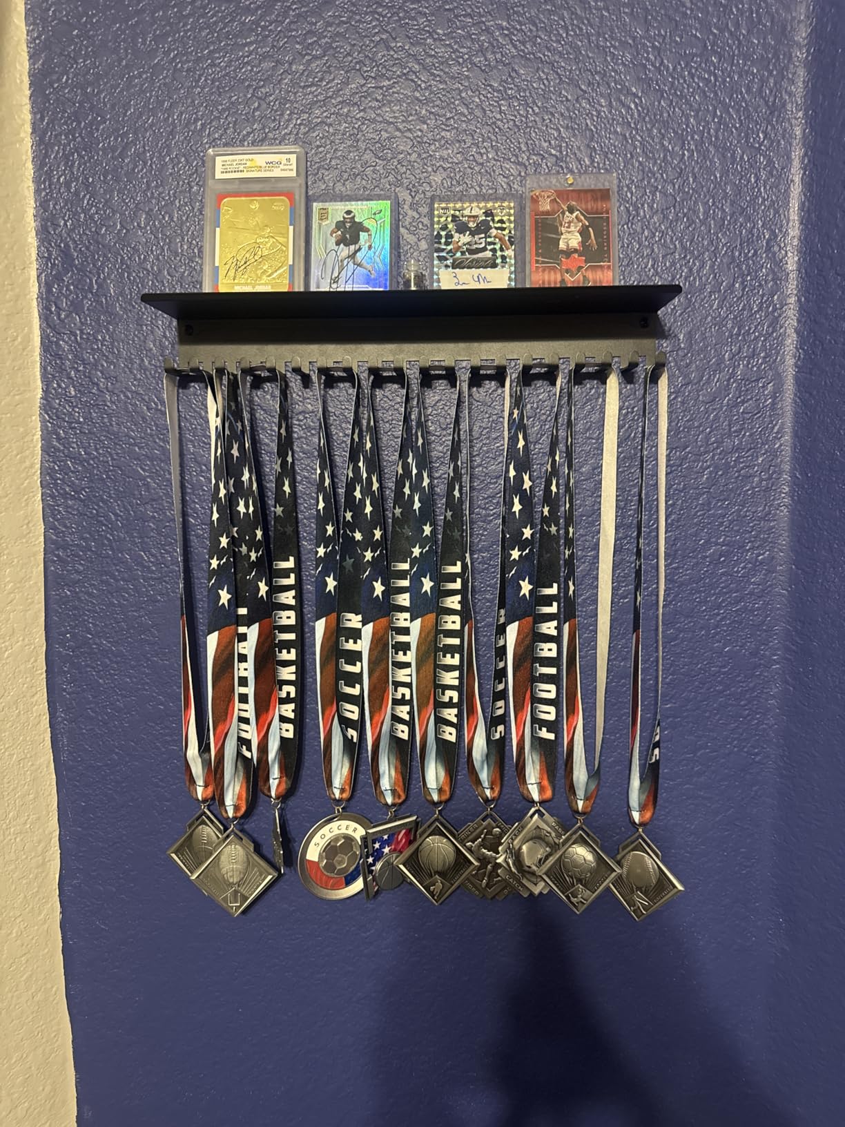 Metal Medal Hanger Display, Non-Slip Trophy Shelf with 20 Hooks, Wall Mount, Heavy Duty, Non-Bent, Holds 22-33lbs, for Gymnastics, Race, Soccer, Swim customer photo 2