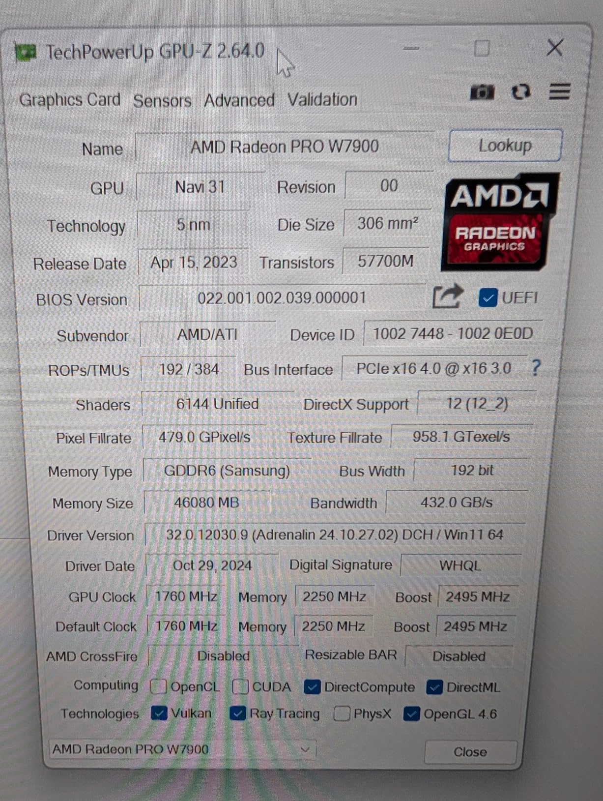 AMD Radeon Pro W7900, Professional Graphics Card, Workstation, AI, 3D Rendering, 48GB GDDR6, AV1, 61 TFLOPS, 96CUS, 295W TDP, 8K customer photo 1