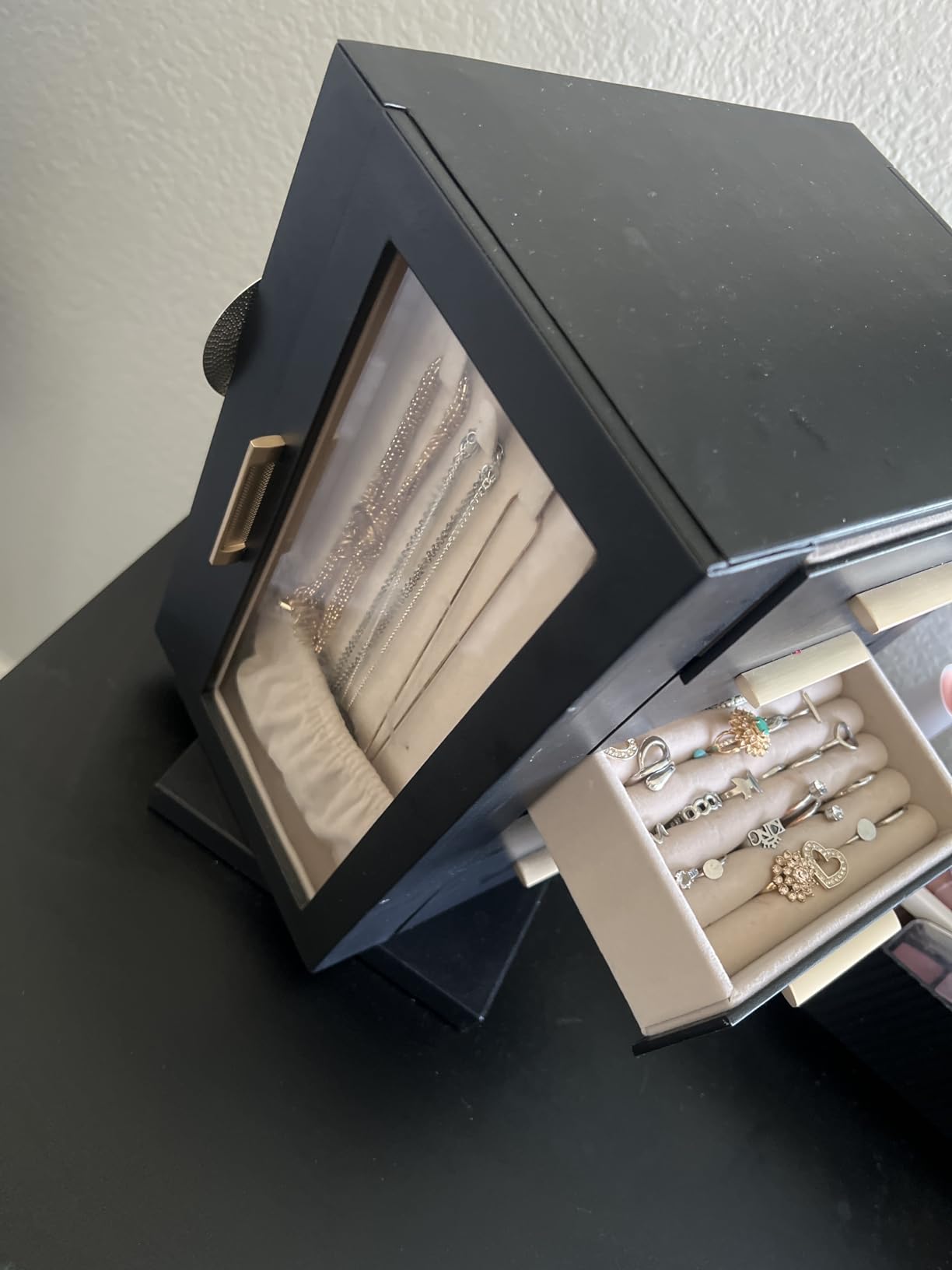 SONGMICS Jewelry Box 360°Rotating, Jewelry Storage Case with 5 Drawers, Jewelry Organizer, Glass Window, Spacious, Vertical Jewelry Storage, Graphite Black customer photo 1