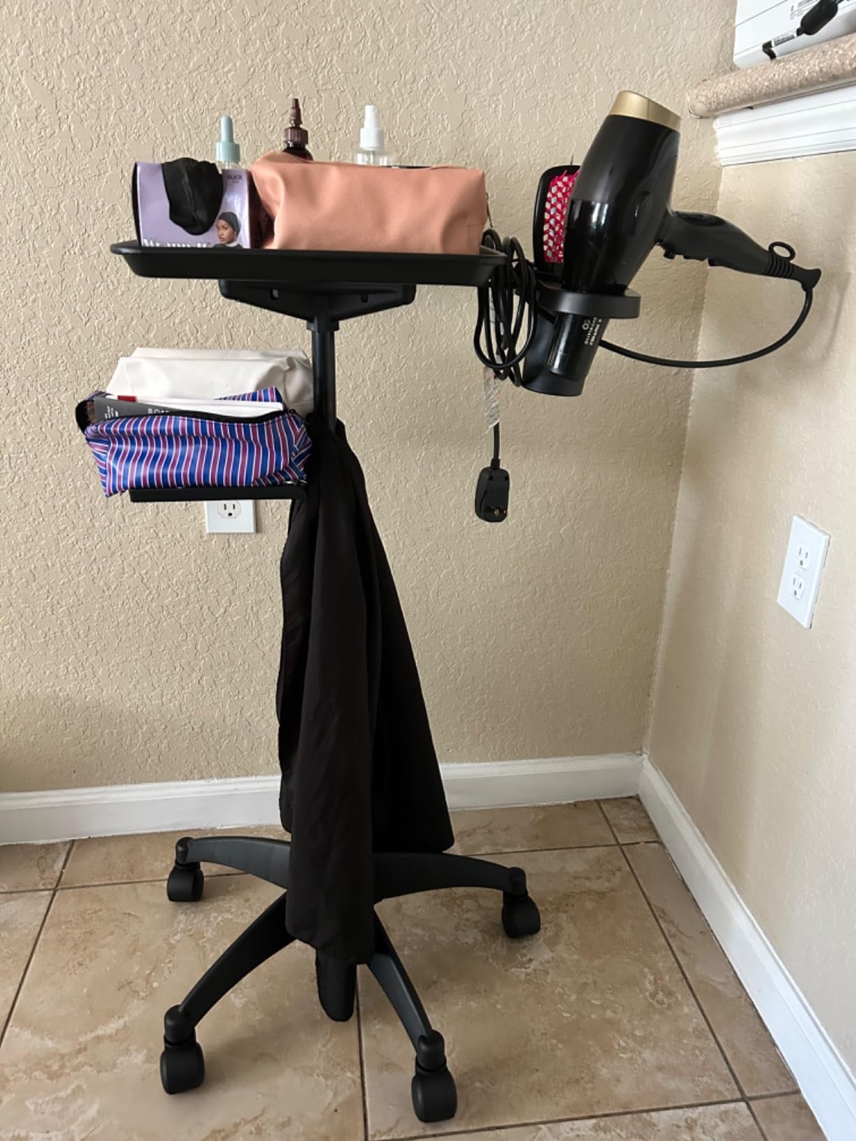 Salon Tray Cart with Storage Platform, Aluminum Tattoo Tray with Wheels Trolley Adjustable Height, Salon Tray Equipment Service Instrument Storage Tray Accessory for Salon & Spa Use, Black customer photo 1