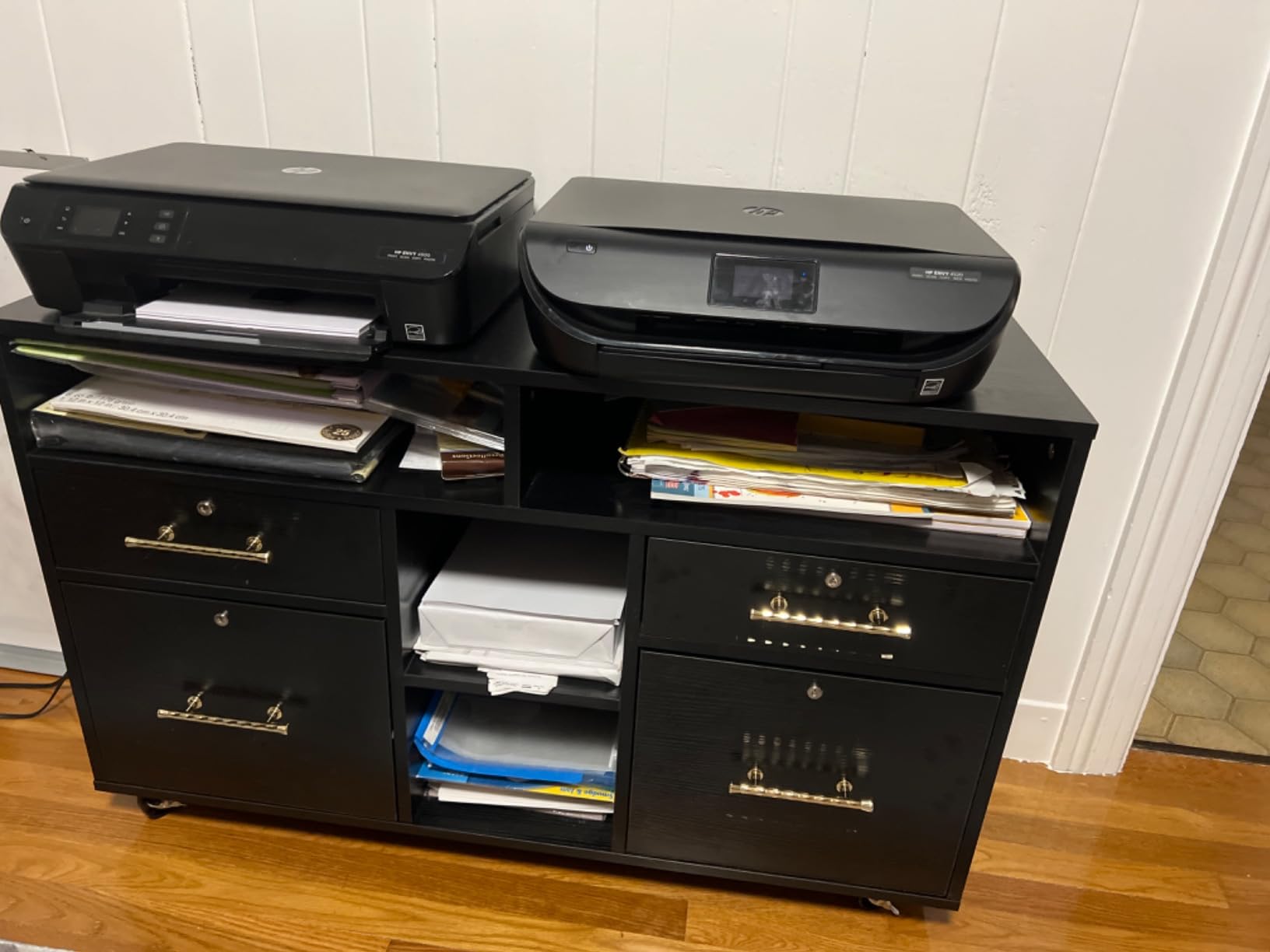 VINGLI Dark Brown Wood Lateral File Cabinet with Lock, 4 Drawer & 4 Open Shelves, Rolling File Cabinet for Home Office, Letter Sized customer photo 1