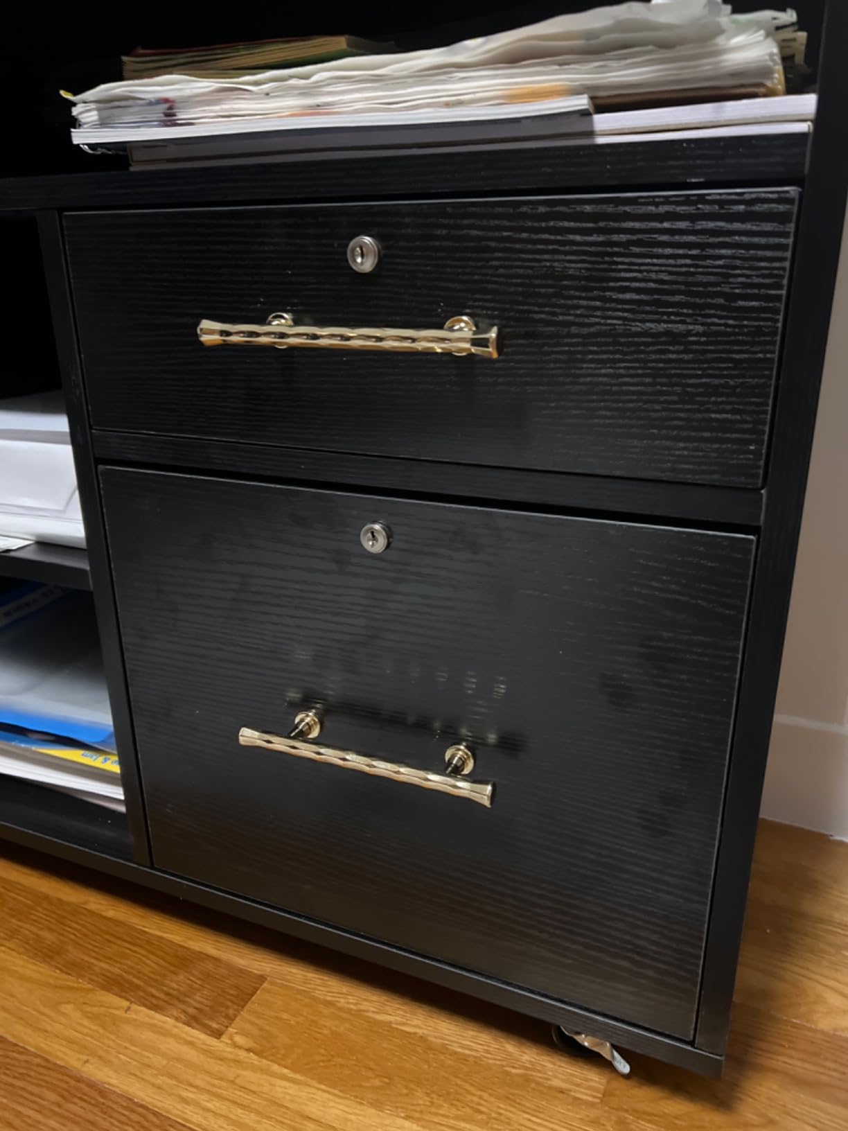 VINGLI Dark Brown Wood Lateral File Cabinet with Lock, 4 Drawer & 4 Open Shelves, Rolling File Cabinet for Home Office, Letter Sized customer photo 2