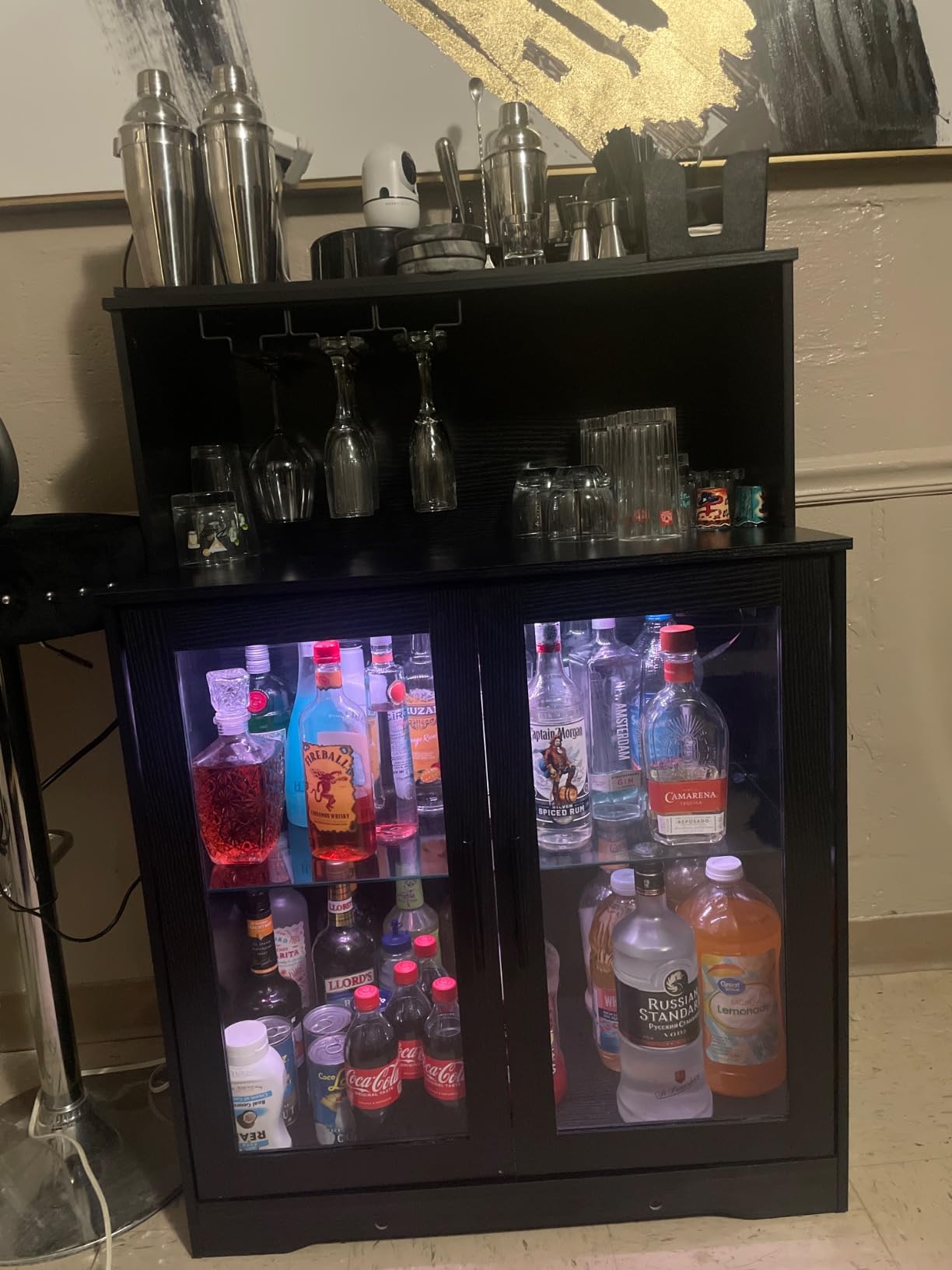 HOOBRO Wine Bar Cabinet with LED Light, Home Coffee Cabinet with Wine & Glass Rack, Freestanding Bar Cabinet with Power Outlets, Kitchen Liquor Cabinet for Living Room, Dining Room, Black BK78UDJG01 customer photo 1