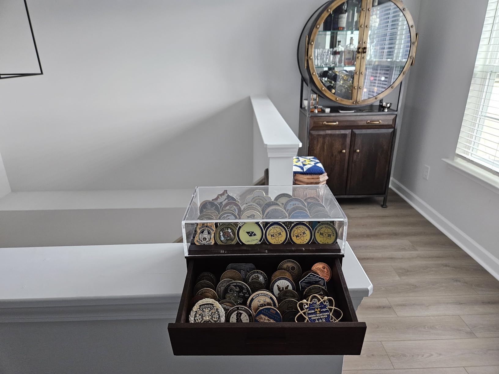 Large Wooden Challenge Coin Display Case with Clear Cover - Military Coin Display Case Holds 36 Coins on Top & 36 in The Storage Drawer - Versatile Coin Stand Holder & Poker Chip Display Case - Brown customer photo 1