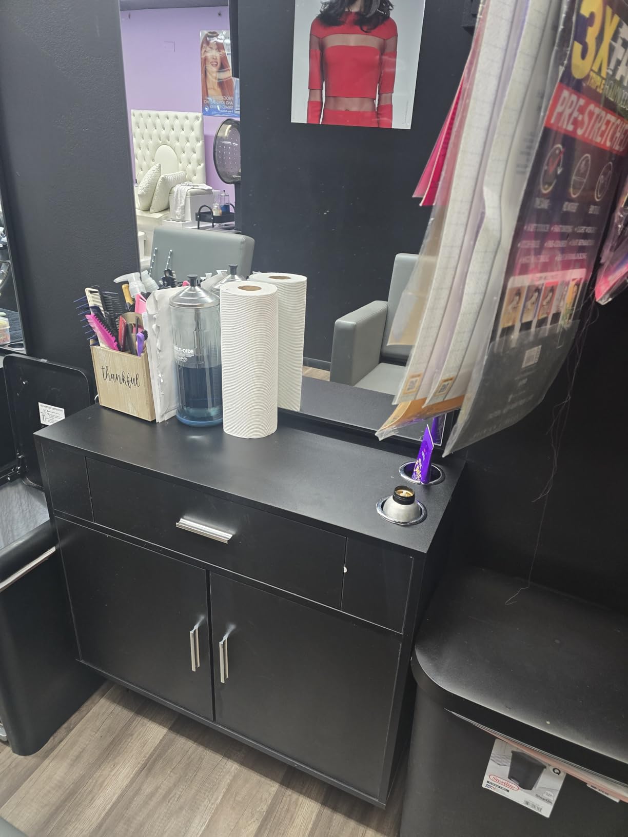 OmySalon Wall Mount Salon Station with Mirror, Hair Styling Barber Station, Beauty Salon Spa Equipment with 1 Drawer, 1 Storage Cabinet, 2 Hair Dryer Holders, Black customer photo 1