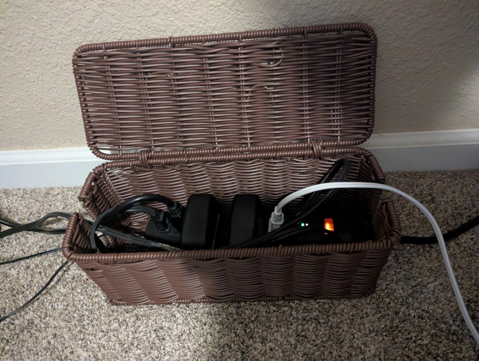 Cable Management Box, Handmade Rattan Cable Organizer with 2 Open Slots, Cord Hider for Power Strip, Router & USB Hub, Registered U.S. Design Patent (D1,112,102), 13