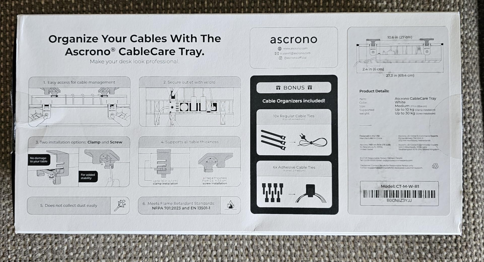 Ascrono Original No Drill Under Desk Cable Management Tray 40.6
