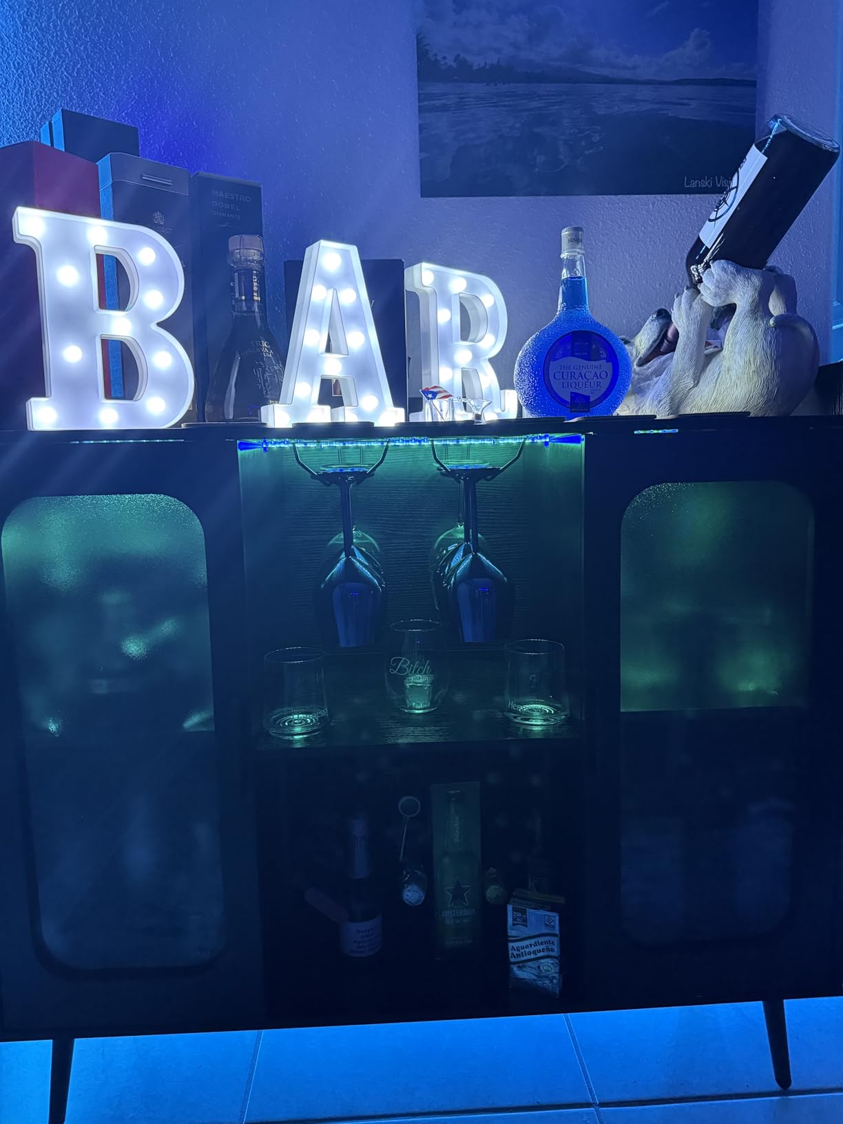 Liquor Cabinet Bar with Power Outlet and LED Light, Wine Bar Cabinet with Wine and Glasses Rack, Home Coffee Bar Cabinet, Buffet Sideboard with Storage Shelf for Kitchen, Dining Room, Black customer photo 1