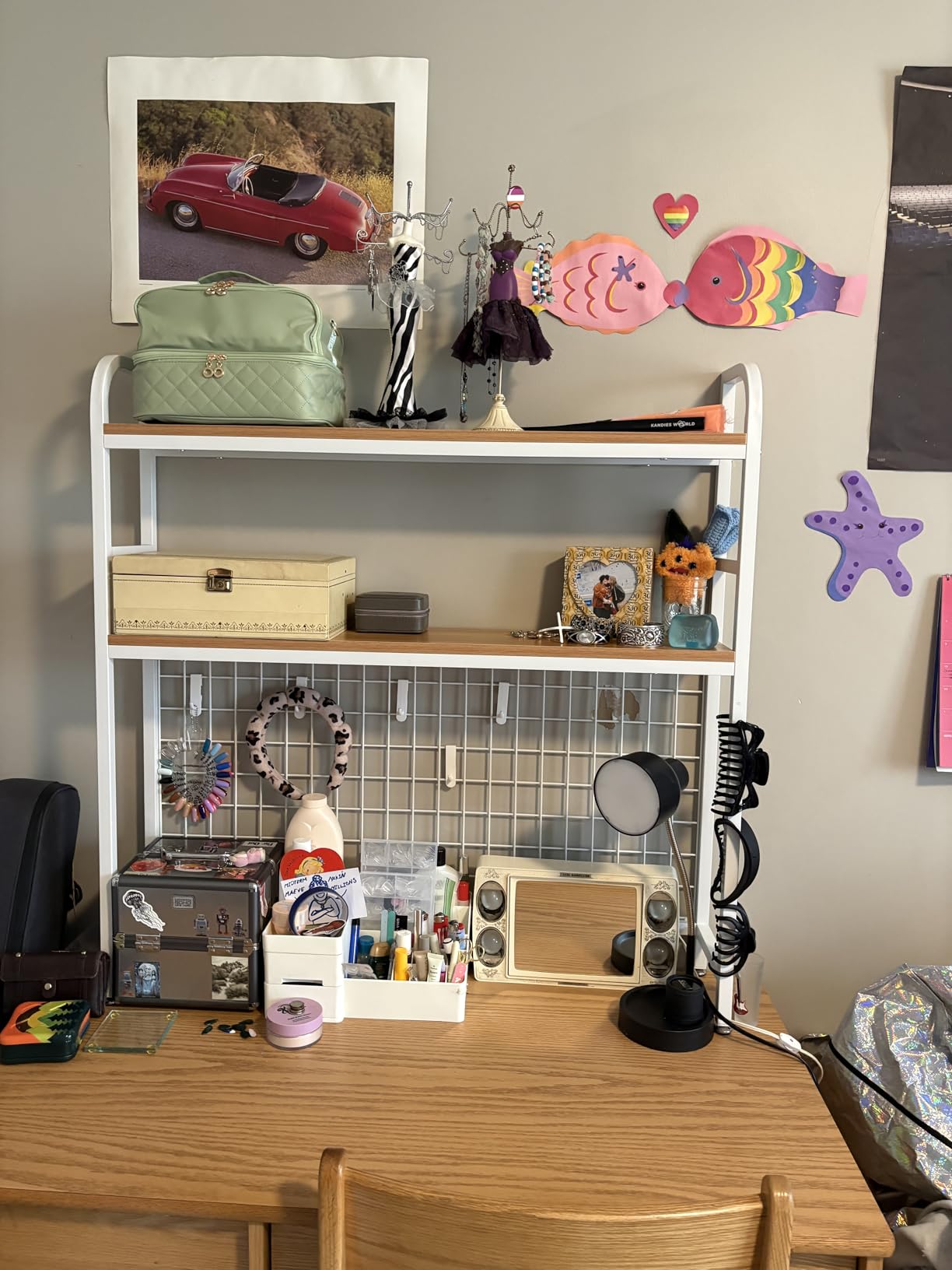 IOTXY 2-Tier Desktop Hutch Bookshelf - Metal Desk Shelf Bookcase with Grid Panel, Countertop Storage Organizer Rack for Dorm or Office, White, 45.3