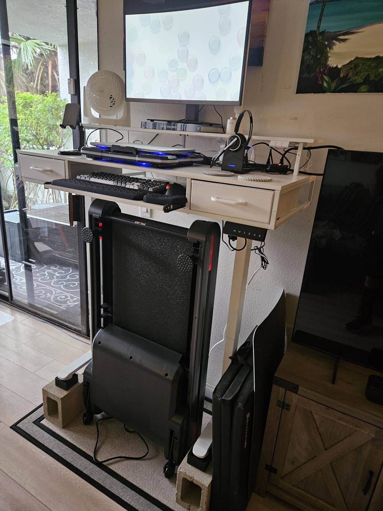 AODK Electric Standing Desk with Drawers & Keyboard Tray, 55 Inch Height Adjustable Gaming Desk with Power Outlets & LED Lights, Sit Stand Table with Monitor Stand for Home, Office, Rustic Brown customer photo 1