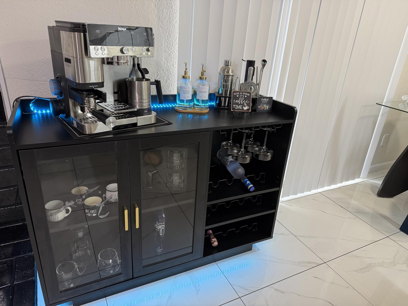 Loomie Wine Bar Cabinet with LED Lights, Floating Coffee Bar with Glass Rack and Removable Wine Racks, Modern Buffet Sideboard with Storage Shelves, Kitchen Bar with Glass Cabinet Doors, Black customer photo 1