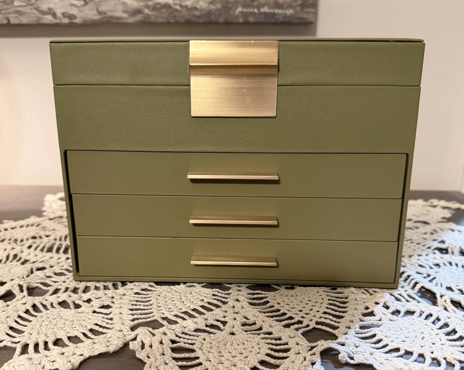 SONGMICS GISELLA Collection - Jewelry Box Organizer, 6-Layer Jewelry Storage with 5 Drawers, Shiny Metal Hardware, Glass Lid, Modern, Dove Gray and Gold Color customer photo 1