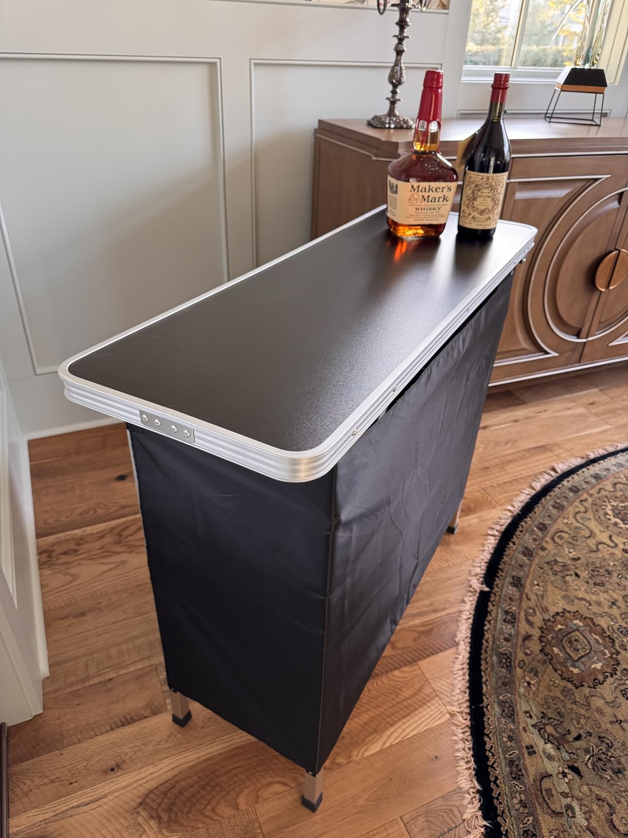 VINGLI Portable Bar Table, 2-Tier Shelves, Mobile Bar Table for Events, Party, Camping, Picnic, Tradeshow, Indoor with Black Skirt, 39 