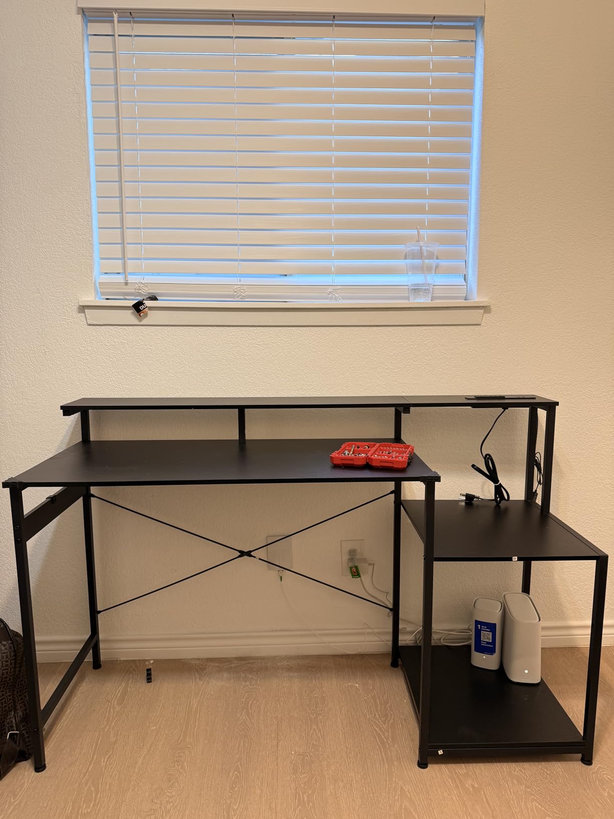 AODK Computer Desk, 56 Inch Gaming Desk with Led Lights & Power Outlet, Office Desk with Storage Shelves, Reversible Desk with Monitor Shelf & Headphone Hook, Carbon Fiber Black customer photo 1