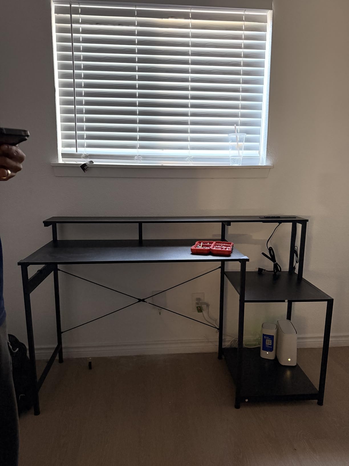 AODK Computer Desk, 56 Inch Gaming Desk with Led Lights & Power Outlet, Office Desk with Storage Shelves, Reversible Desk with Monitor Shelf & Headphone Hook, Carbon Fiber Black customer photo 2