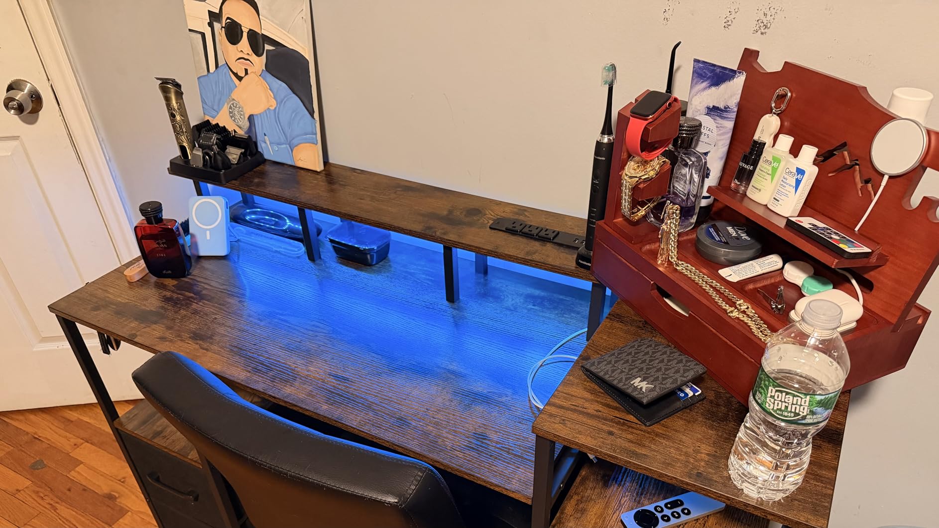 47 Inch Computer Desk with 5 Fabric Storage Drawers, Gaming Desk with Power Outlets & LED Lights, Reversible Home Office Desk with Monitor Stand for Working Writing Study, Black customer photo 1