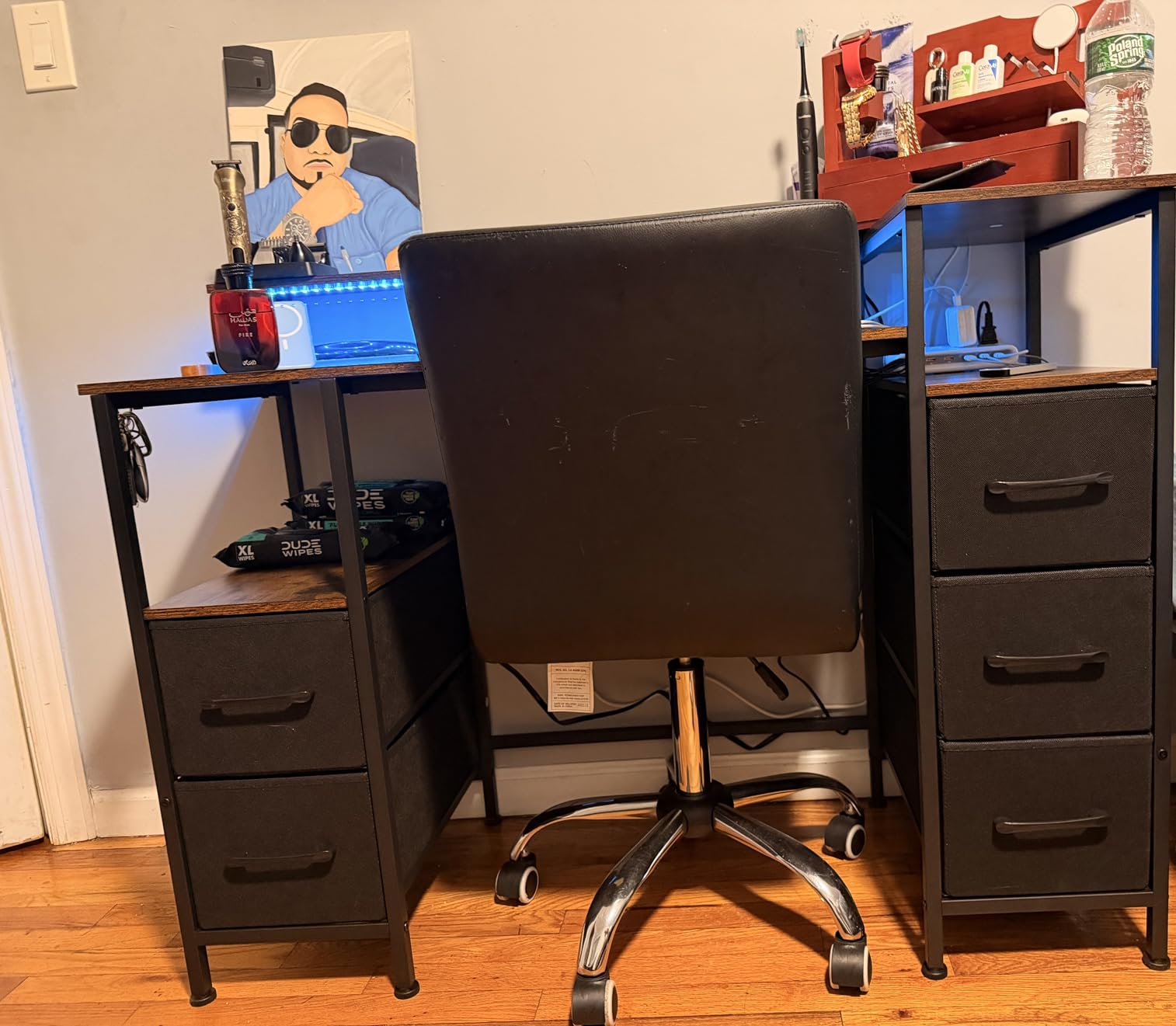 47 Inch Computer Desk with 5 Fabric Storage Drawers, Gaming Desk with Power Outlets & LED Lights, Reversible Home Office Desk with Monitor Stand for Working Writing Study, Black customer photo 2