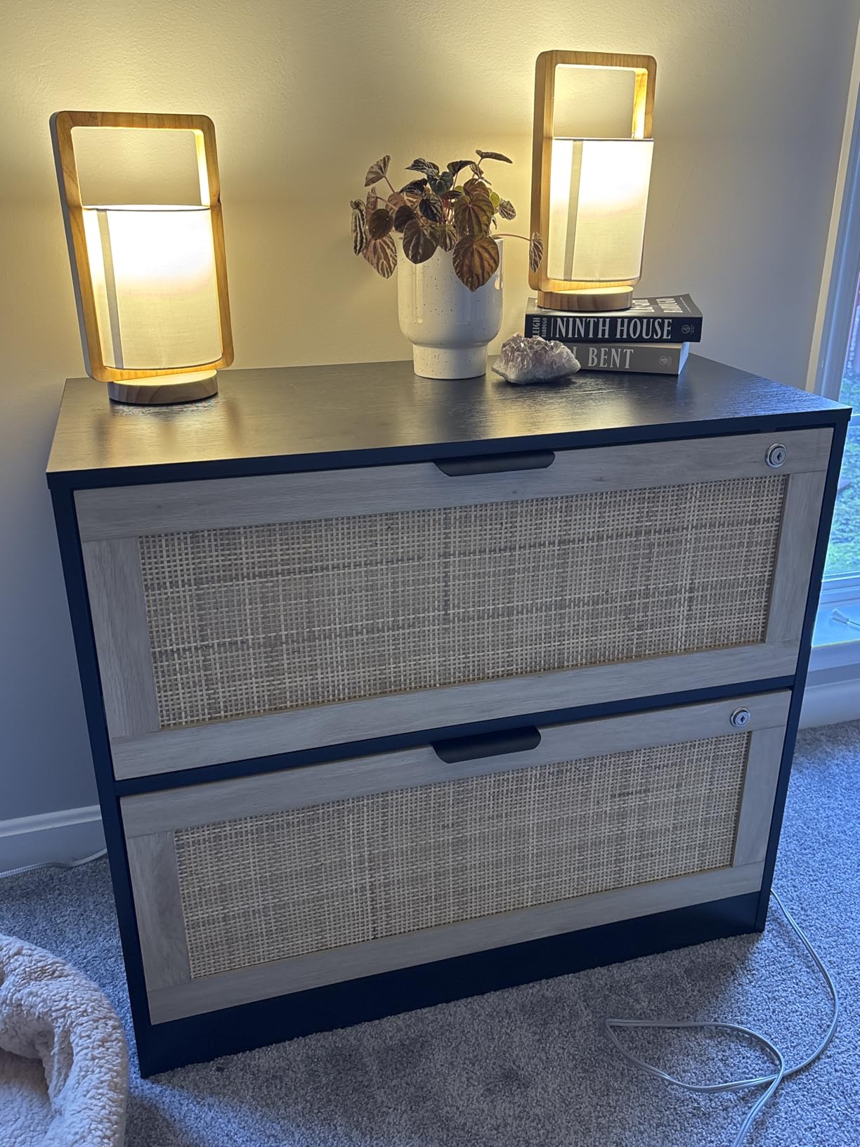 HOPUBUY 2 Drawer File Cabinet with Lock, Printer Stand Lateral Filing Cabinets for Home Office and School, Wood Rattan File Cabinet for Hanging Files/Letter/Legal/A4/F4 Size, Natural Wood customer photo 2