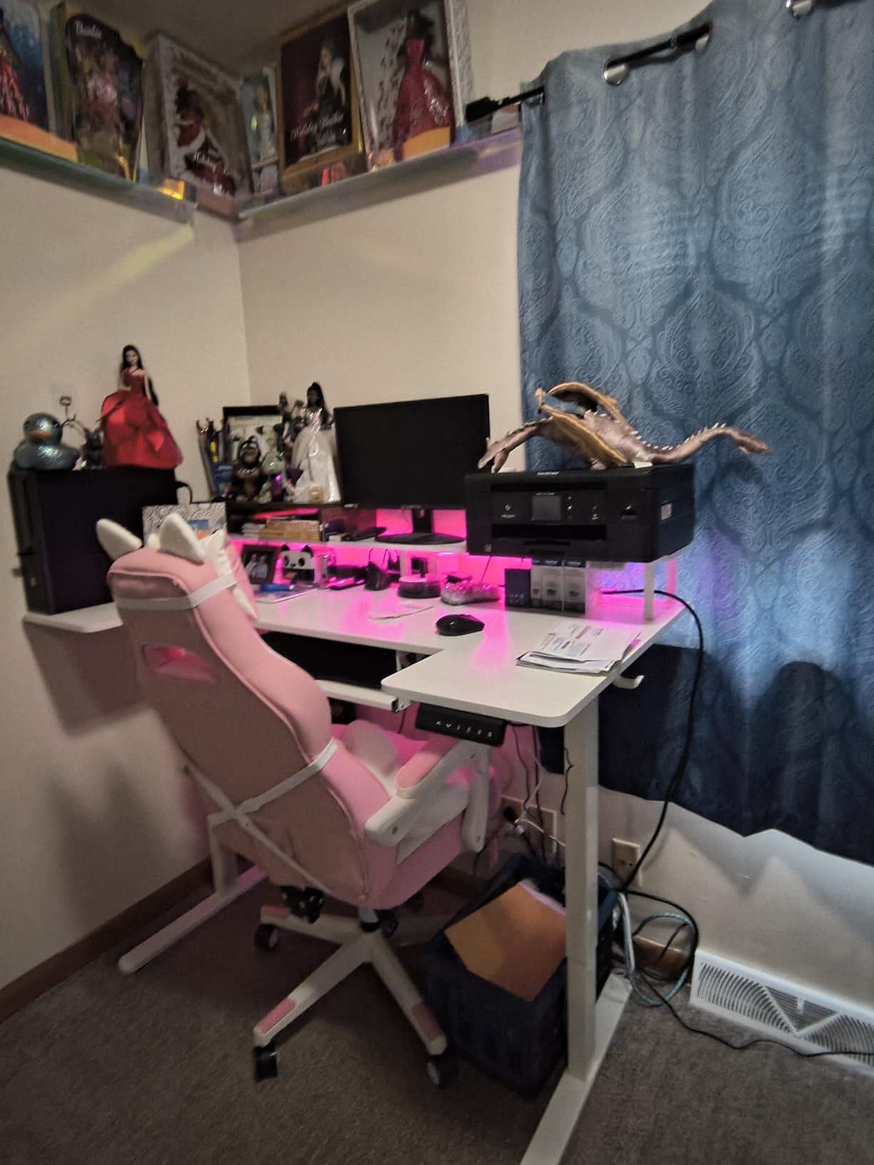 OffiGo U Shaped Electric Standing Desk with Keyboard Tray, 55 Inch Height Adjustable Desk with Power Outlets & LED Lights, Sit Stand Table with Monitor Stand for Home, Office, White customer photo 1