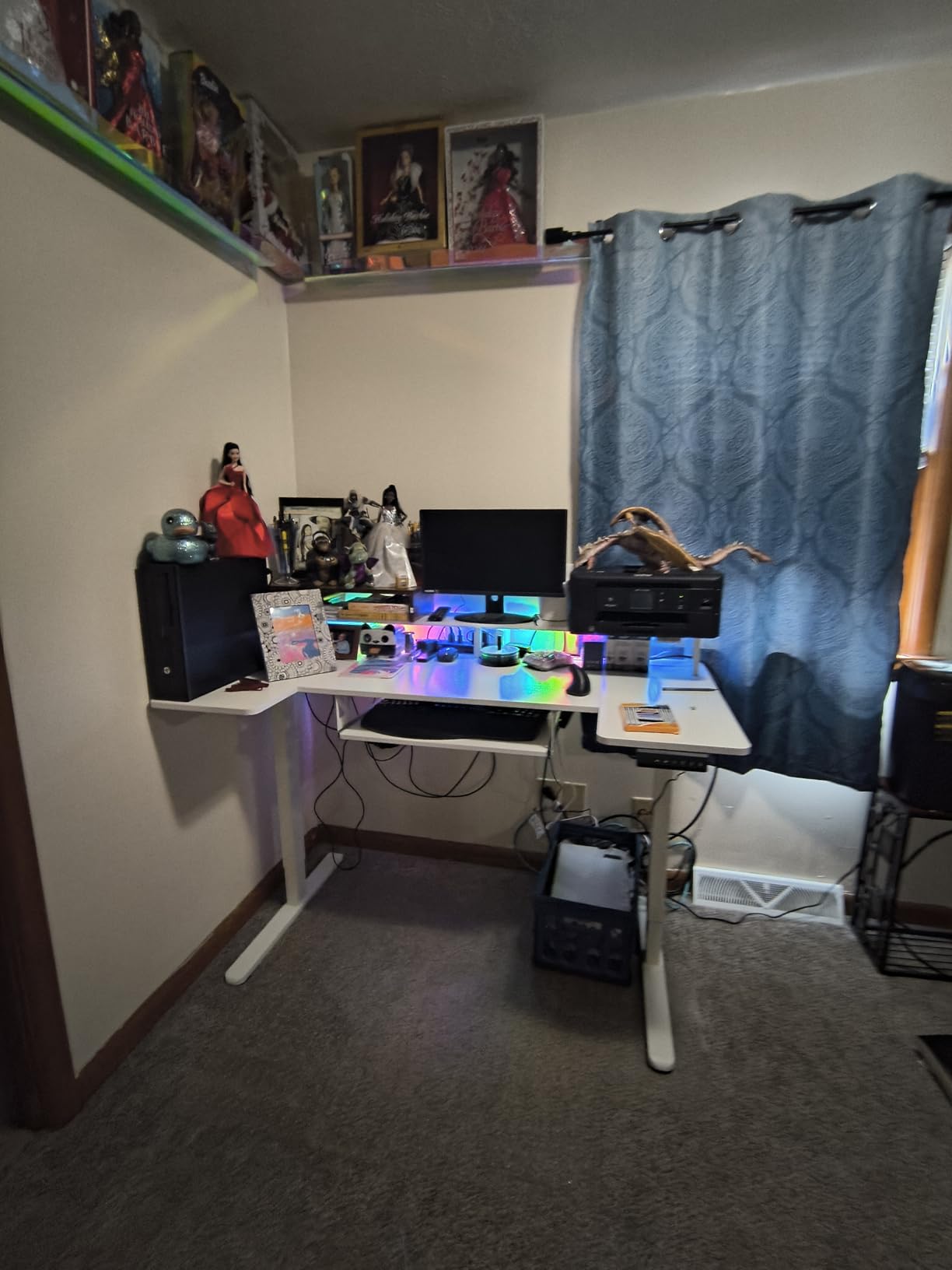 OffiGo U Shaped Electric Standing Desk with Keyboard Tray, 55 Inch Height Adjustable Desk with Power Outlets & LED Lights, Sit Stand Table with Monitor Stand for Home, Office, White customer photo 2