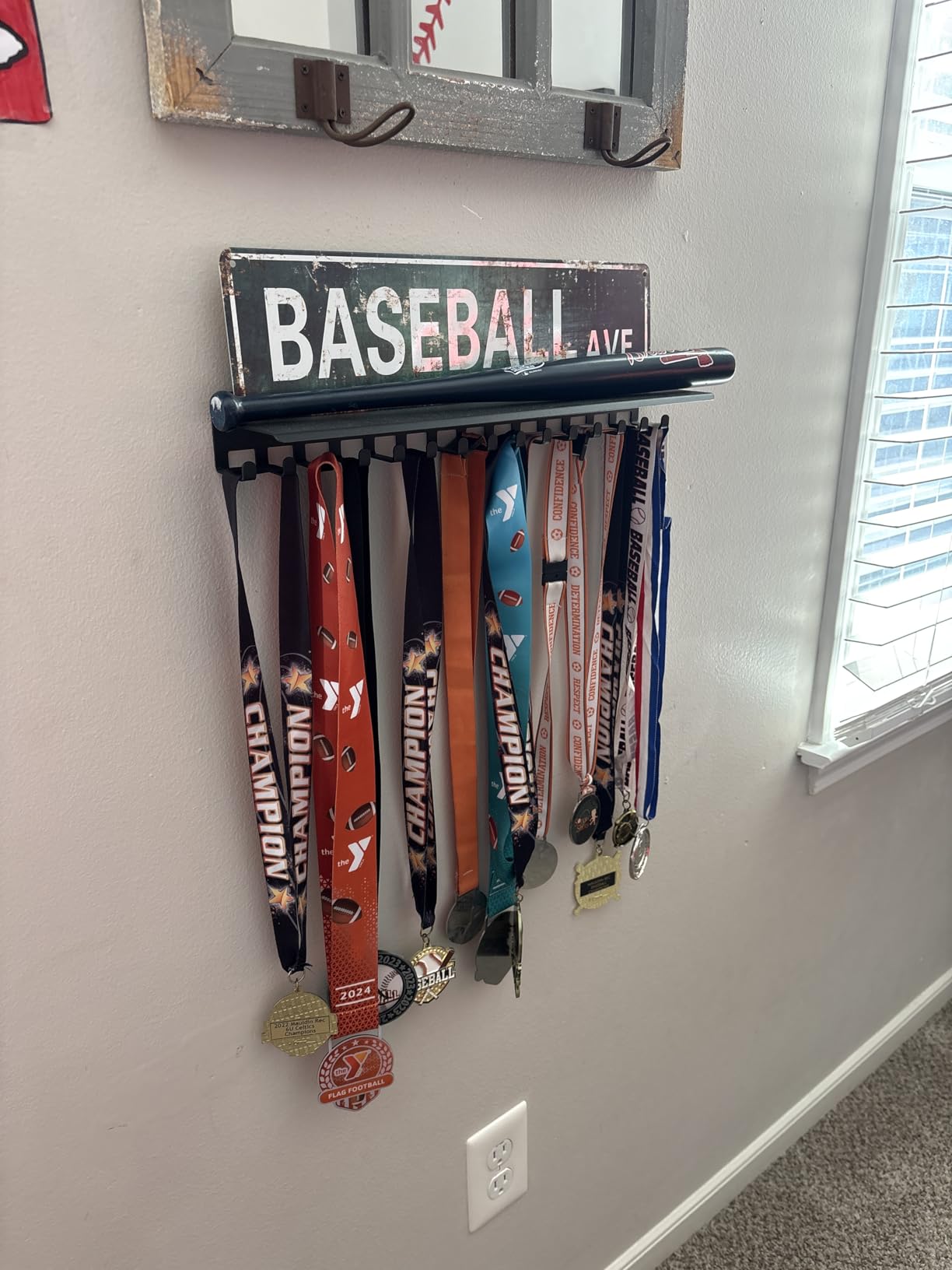 Non-Slip Trophy Shelf,Trophy and Medal Display Shelf, Medal Hanger Display For Wall with 16inchL,Shelves For Trophies medal display Upgraded Medal Holder display For gymanstics,race,soccer,swim customer photo 2