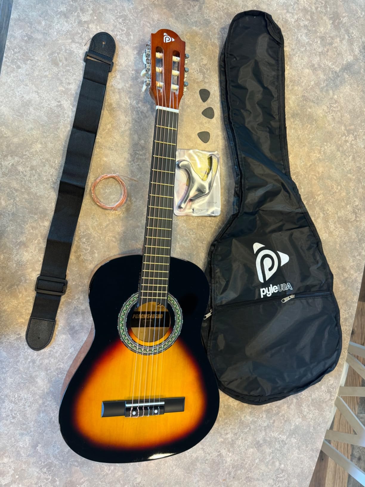 Pyle Beginner Acoustic Guitar Kit, 1/2 Junior Size All Wood Build Nylon String Instrument with Capo, Strap, Extra String Set, Gig Bag, Guitars for Beginners Adults Youth, 34