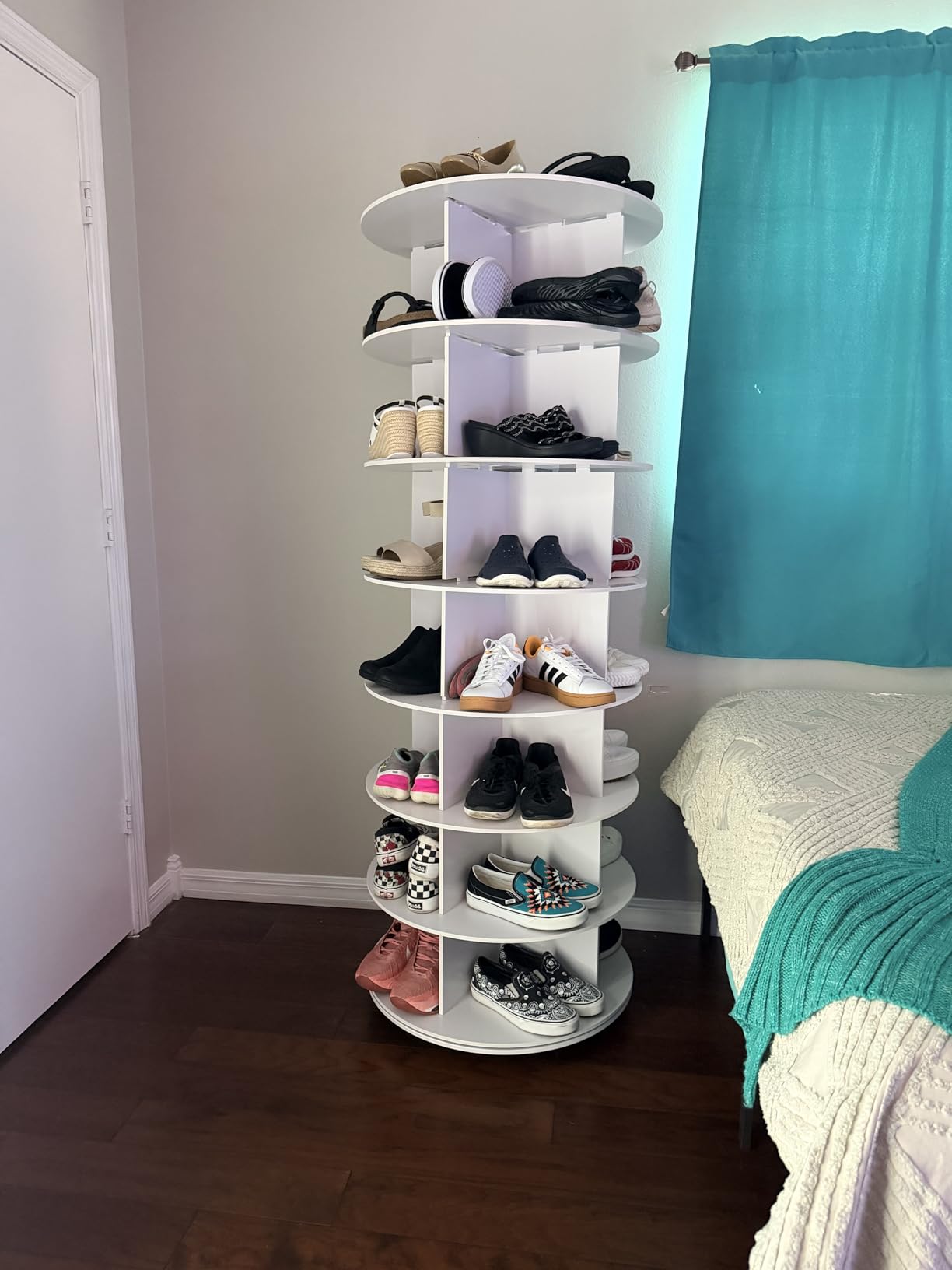 7 Tier Rotating Shoe Rack with 4 Universal Wheels, 360° Revolving Free Standing Shoe Organizer, Multifunctional Storage Revolving Shoe Rack Tower, Spinning Shoe Racks Display Lazy Susan Equipped customer photo 1