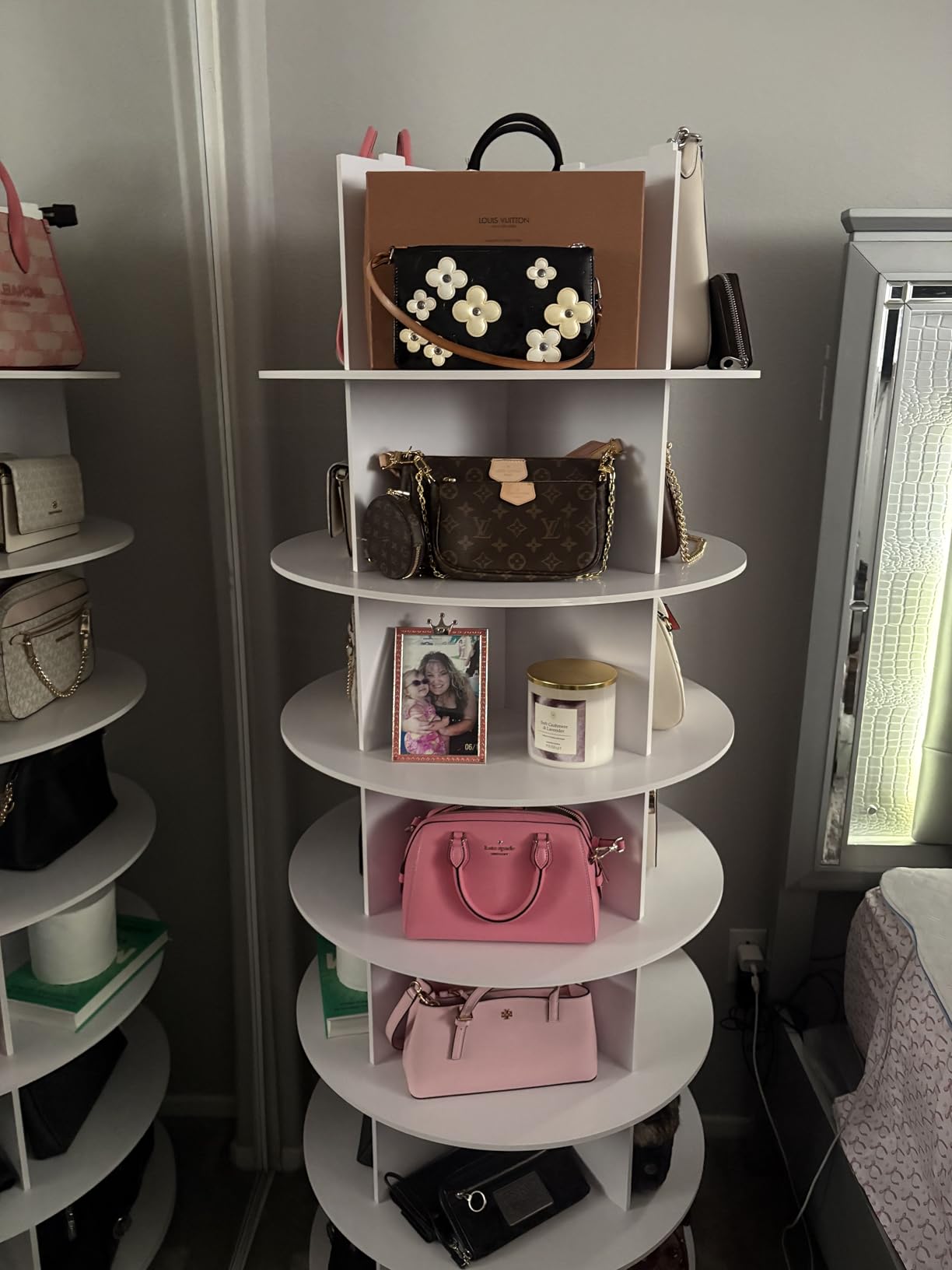 7 Tier Rotating Shoe Rack with 4 Universal Wheels, 360° Revolving Free Standing Shoe Organizer, Multifunctional Storage Revolving Shoe Rack Tower, Spinning Shoe Racks Display Lazy Susan Equipped customer photo 2