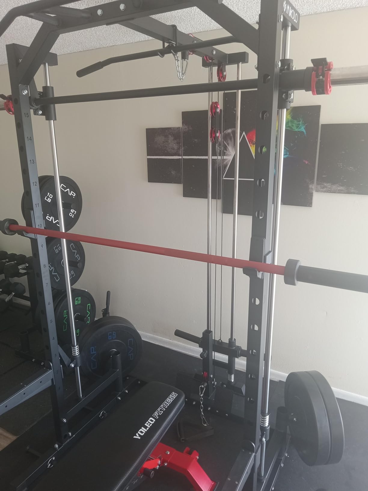 Mikolo Smith Machine Home Gym Power Cage (1:1 Ratio Strength Trainer) (Space Saving Design) (with 8 Free Attachments) Squat Rack for Full Body Training customer photo 1