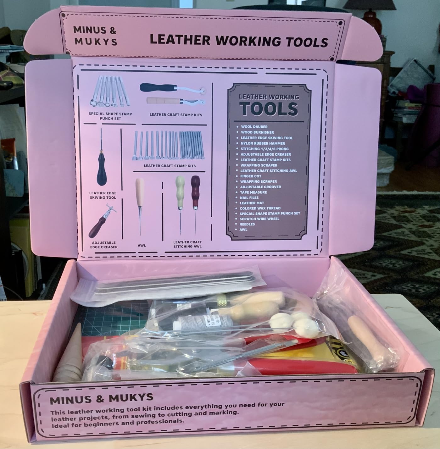 MINUS MUKYS Leather Working Kit Complete Leather Tools Set for Crafts Shoe Repair Kit Belts Includes Hole Puncher for Crafts Sewing Tools Awl Stitching Tool Cutting Mat Ideal for Beginners customer photo 2