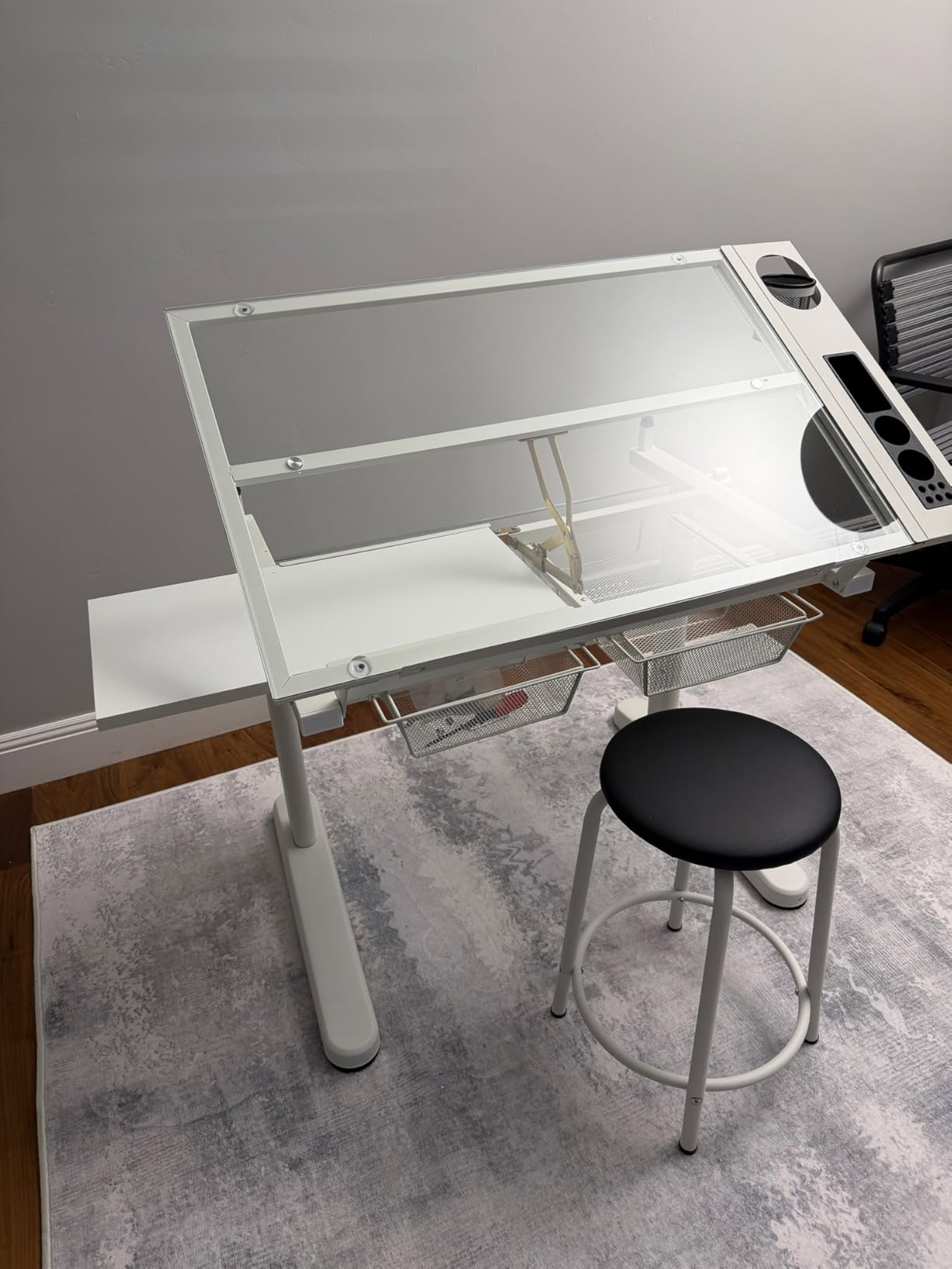 Drafting Table, 0-75° Tilting Glass Tabletop Drawing Table with Stool - Adjustable Height Art Desk with Multi-Storage for Sketching and Painting - Perfect for Artists and Hobbyists, Black customer photo 1