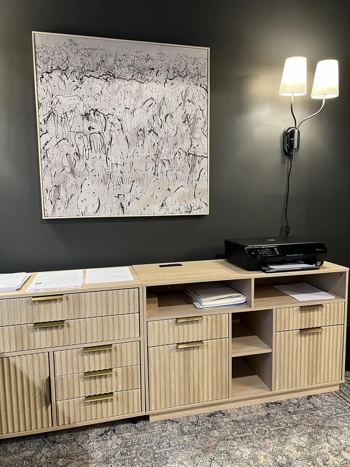 4 Drawer File Cabinet, Fluted Wood Lateral Filing Cabinet with Lock and Charging Station for Home Office, Printer Stand with Open Storage Shelves, Fits A4, Letter Size, Light Waulnut customer photo 1