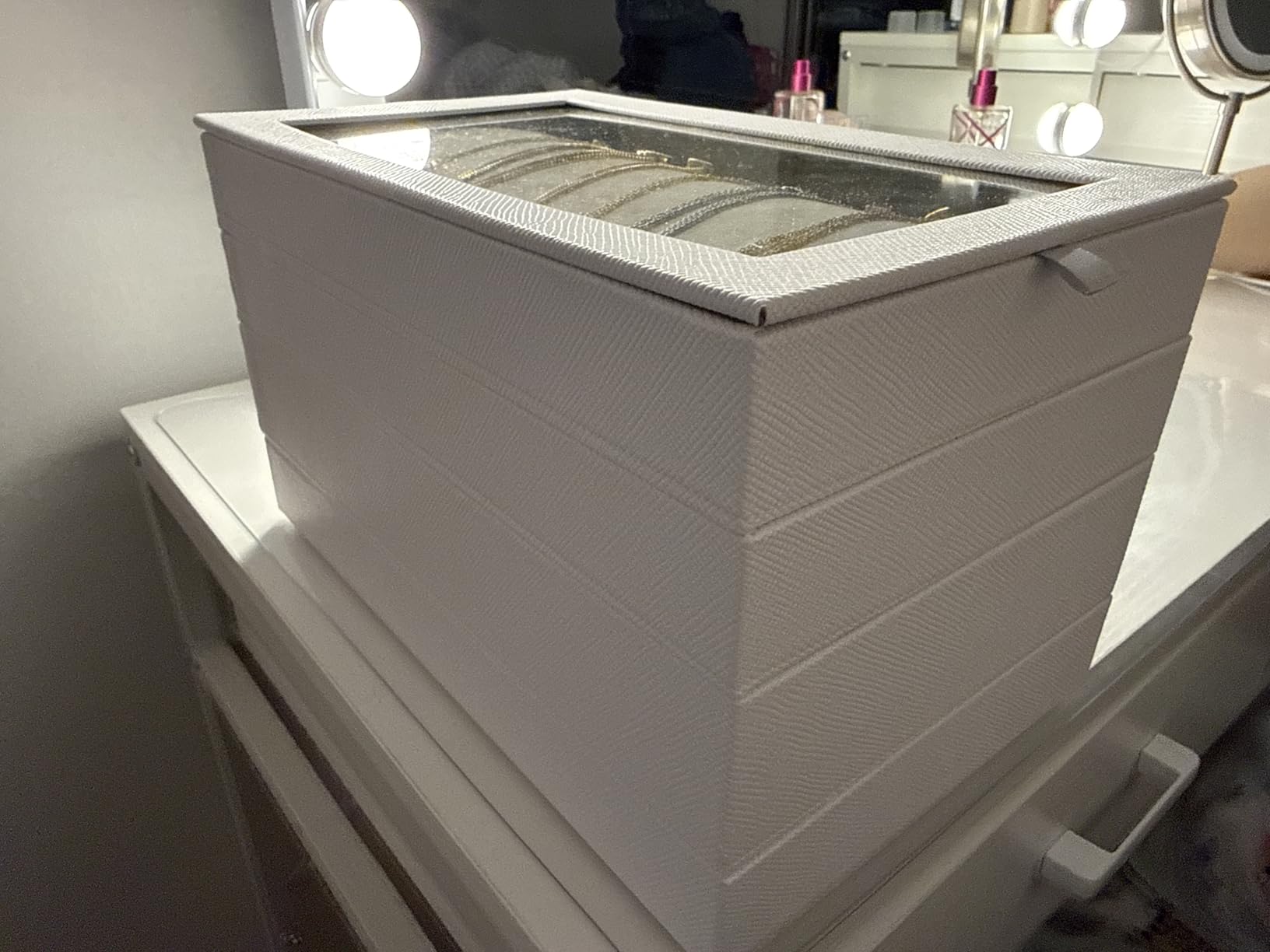 GLOBAL KA 4-Layer Stackable Jewelry Organizer Trays with Tempered Glass Lid, Black PU Leather Jewelry Drawer Inserts Display Case, Large Anti-Tarnish Storage Box customer photo 1