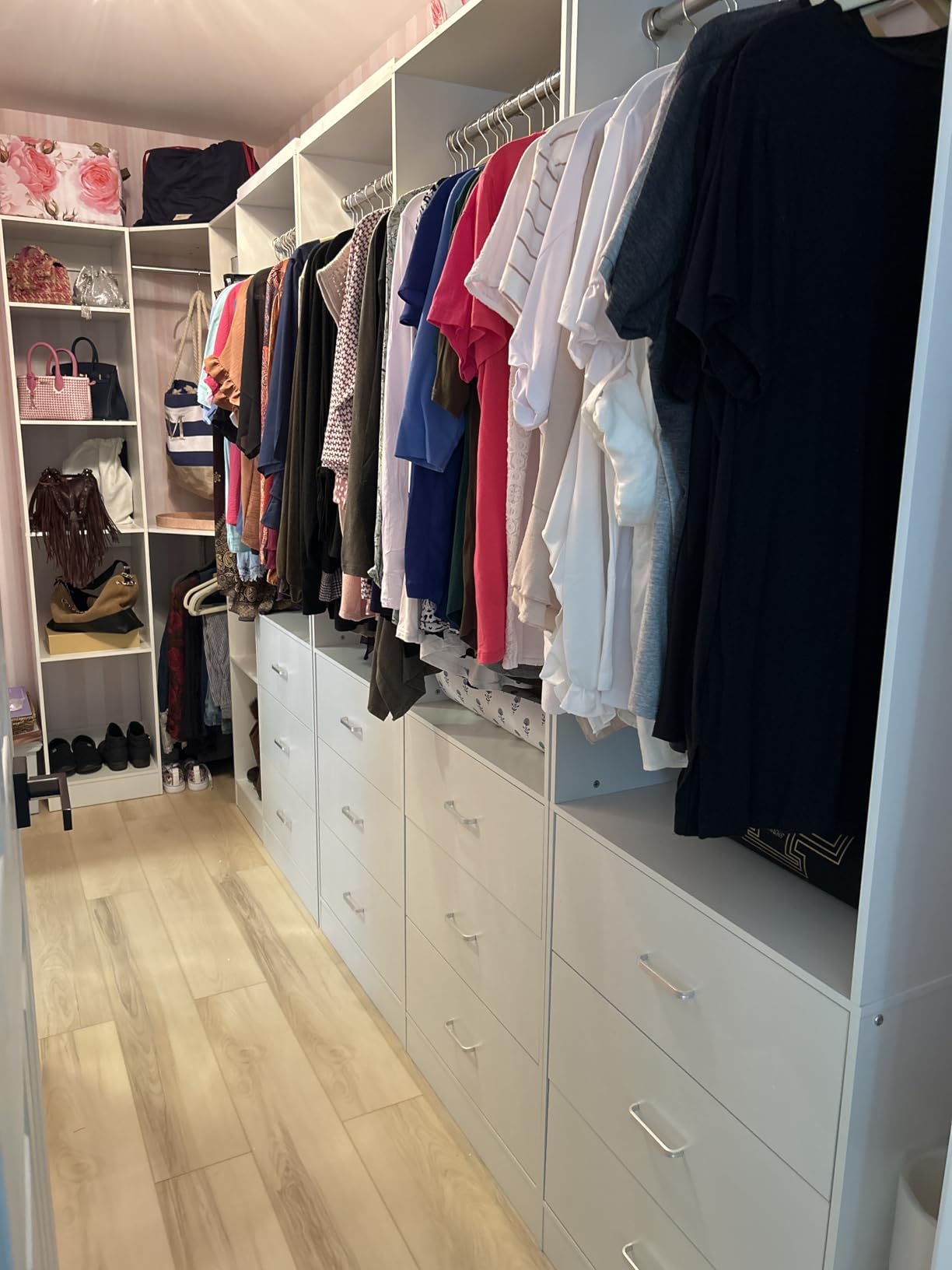 Besiost Corner Closet System with 3 Drawers, Corner Closet Organizer System with 13 Shelves & 3 Hanging Rods, 63.2