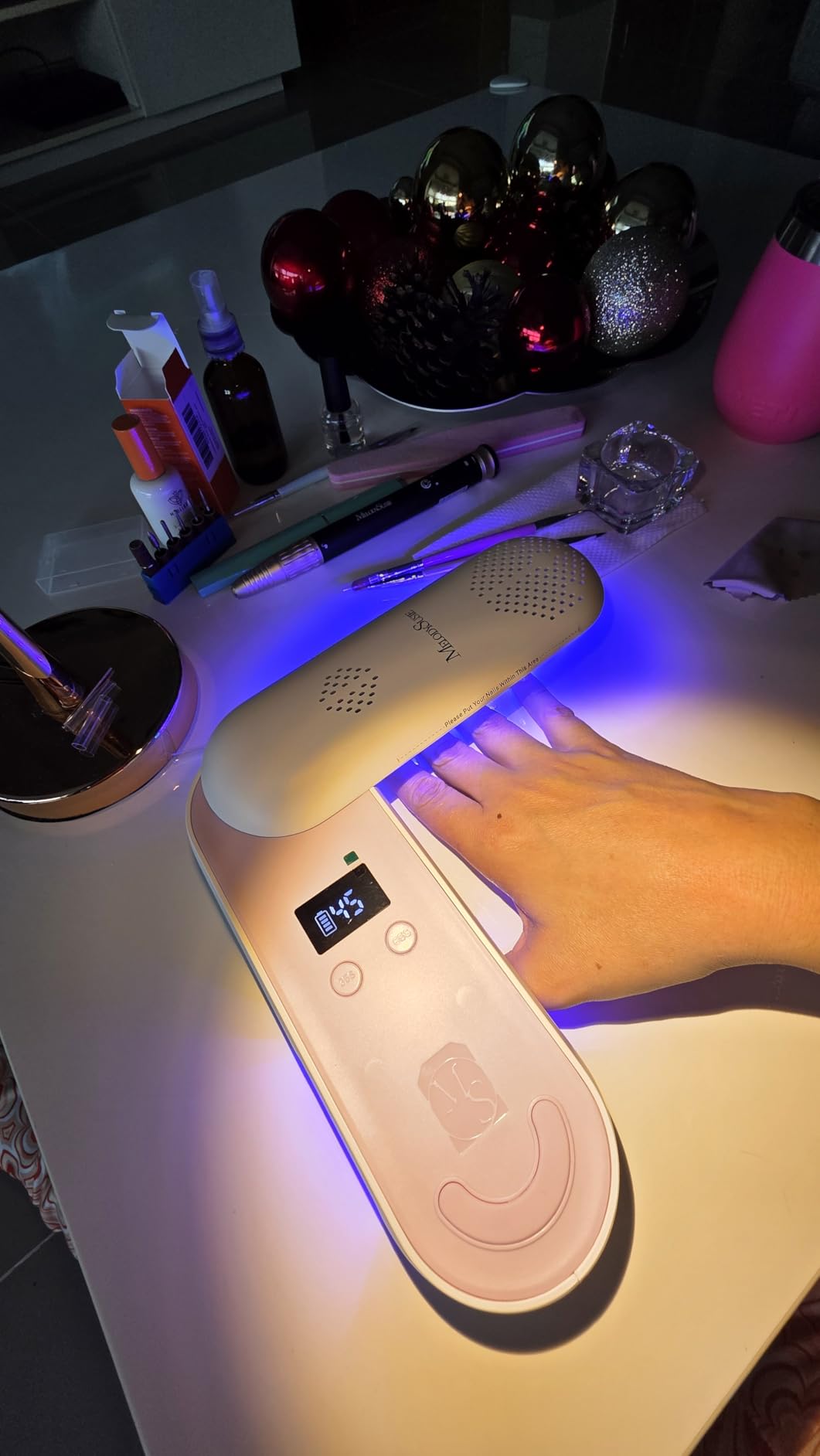 MelodySusie Compact Cordless UV Nail Lamp, P-PLUS20F with Innovative Rotatable Panel & UV Protection Design, Rechargeable UV Light Cures All Gels, Especially Rhinestone Glue & Liner Gel Polish Pink customer photo 1