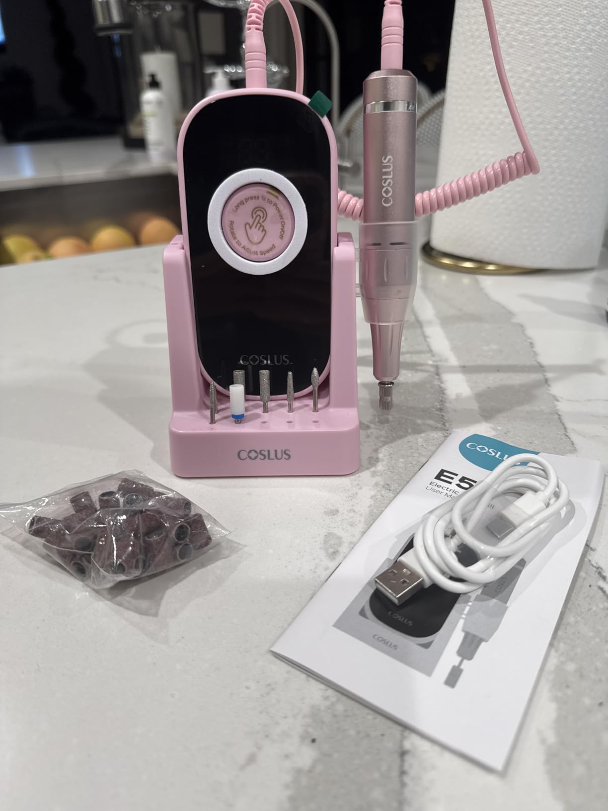 COSLUS Professional Rechargeable Electric Nail Drill 40000 RPM, Portable Nail File with Storage Stand for Acrylic Gel Polishing Removing - Easy to Use for Women, Manicure at Home DIY or Salon, Pink customer photo 1