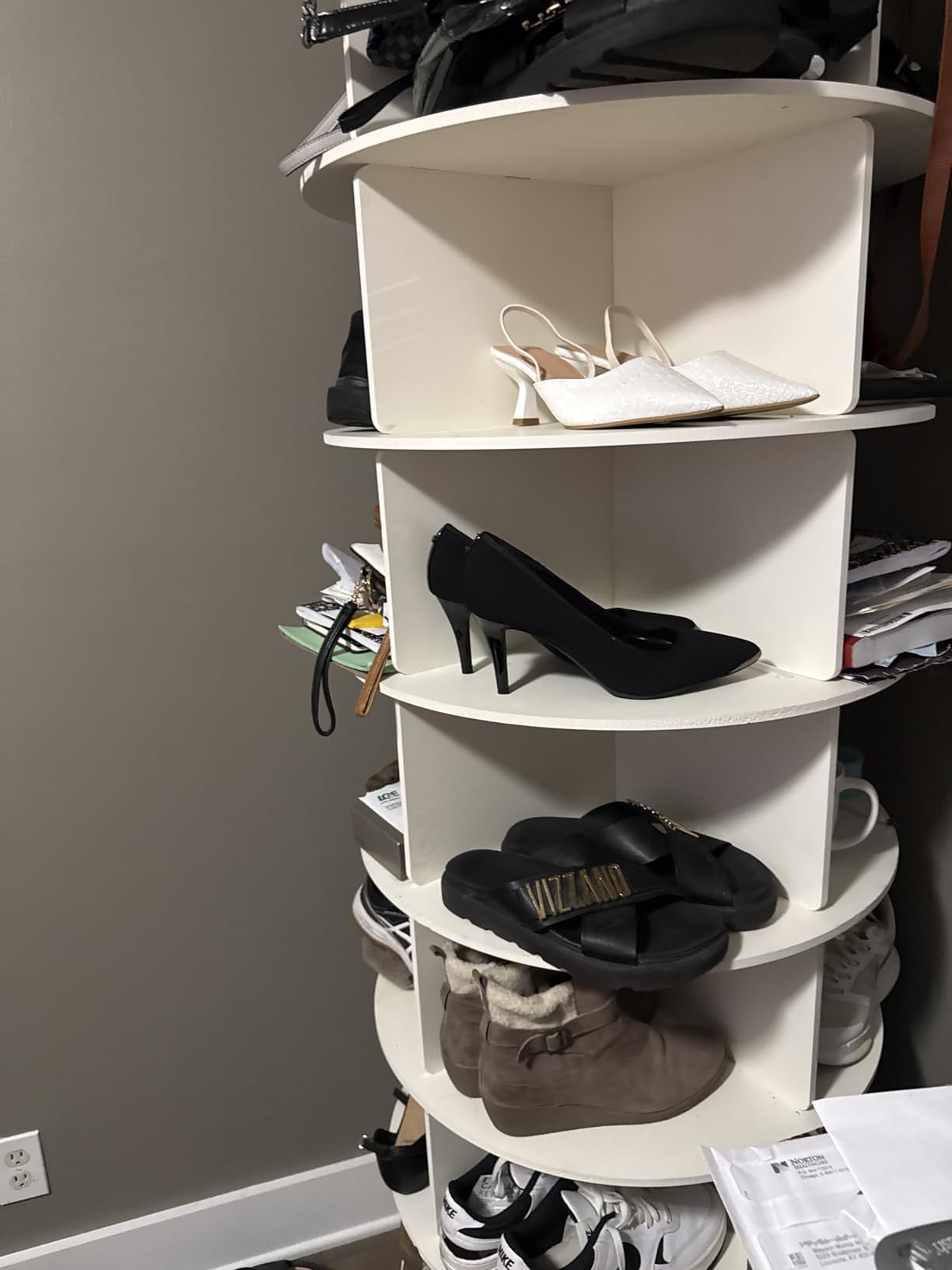 8 Tier Rotating Shoe Rack, Shoe Tower Organizer with 4 Universal Casters, Spinning Lazy Susan Display Storage Rack Round Carousel Vertical Handbag Closet (Natural, 23.6''×23.6''×74'') customer photo 1