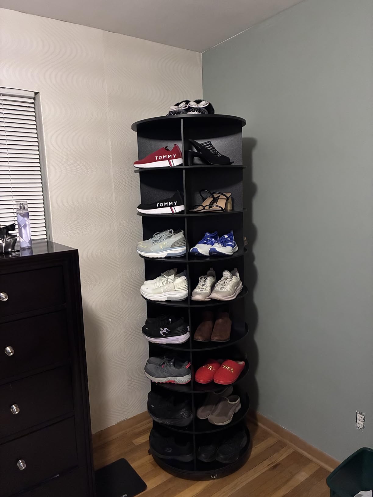 8 Tier Rotating Shoe Rack, Shoe Tower Organizer with 4 Universal Casters, Spinning Lazy Susan Display Storage Rack Round Carousel Vertical Handbag Closet (Natural, 23.6''×23.6''×74'') customer photo 2